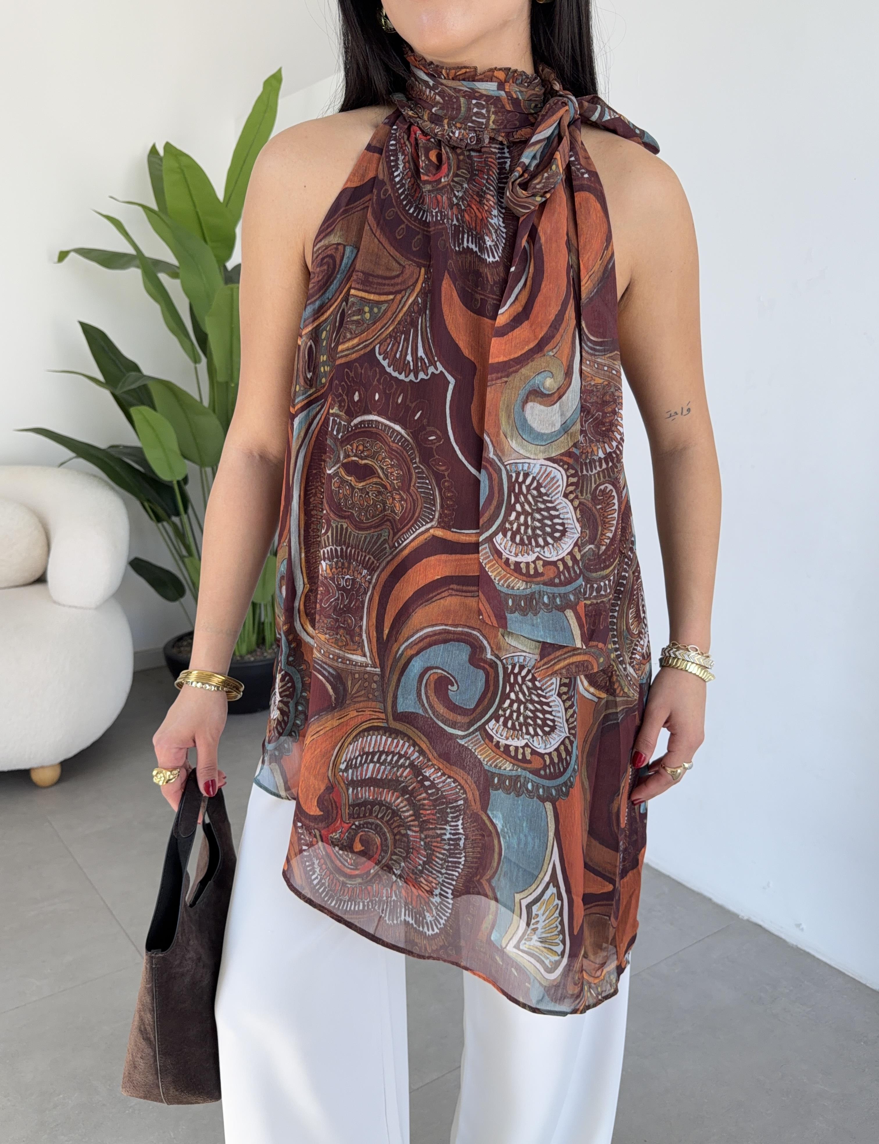 Kahve Desenli Asimetrik Bluz