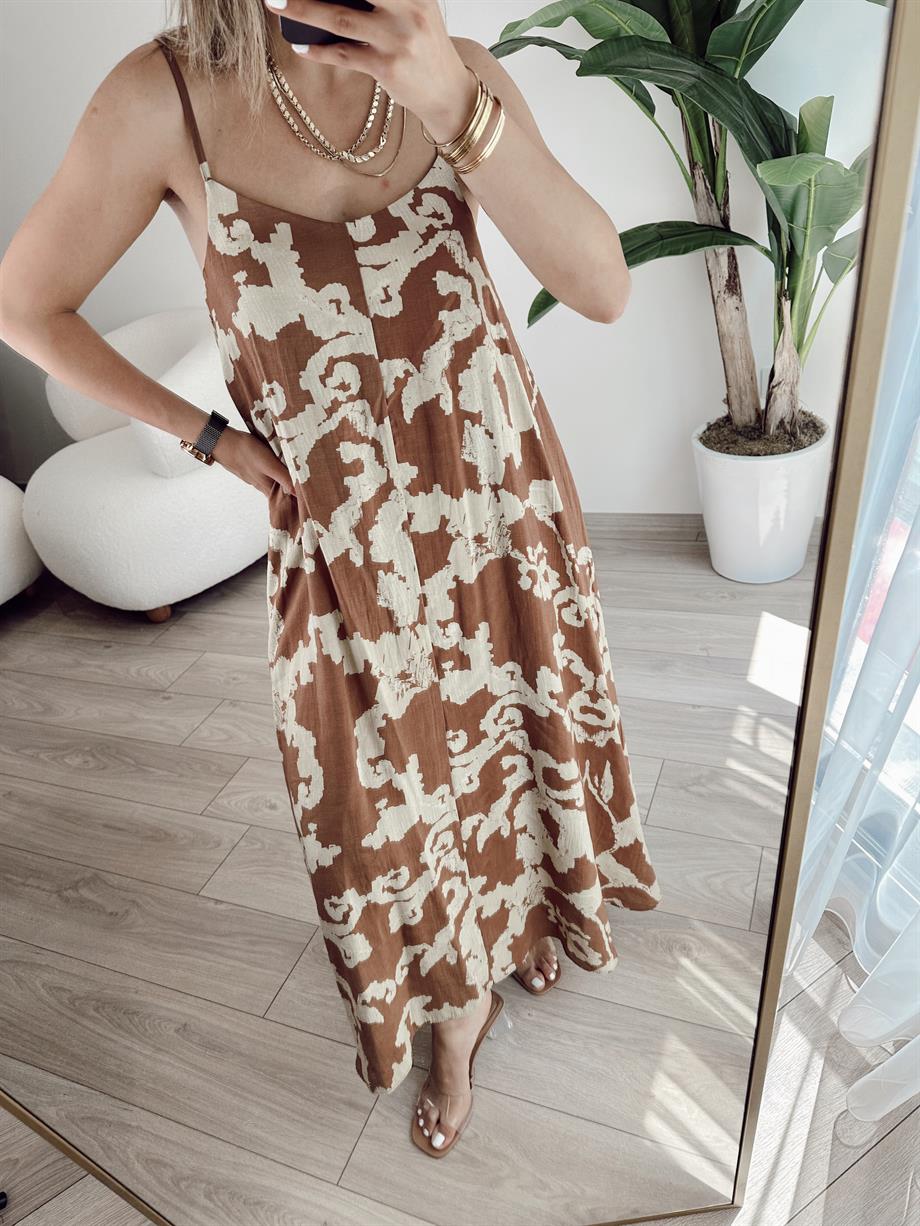 Kahve Desenli Askılı Elbise
