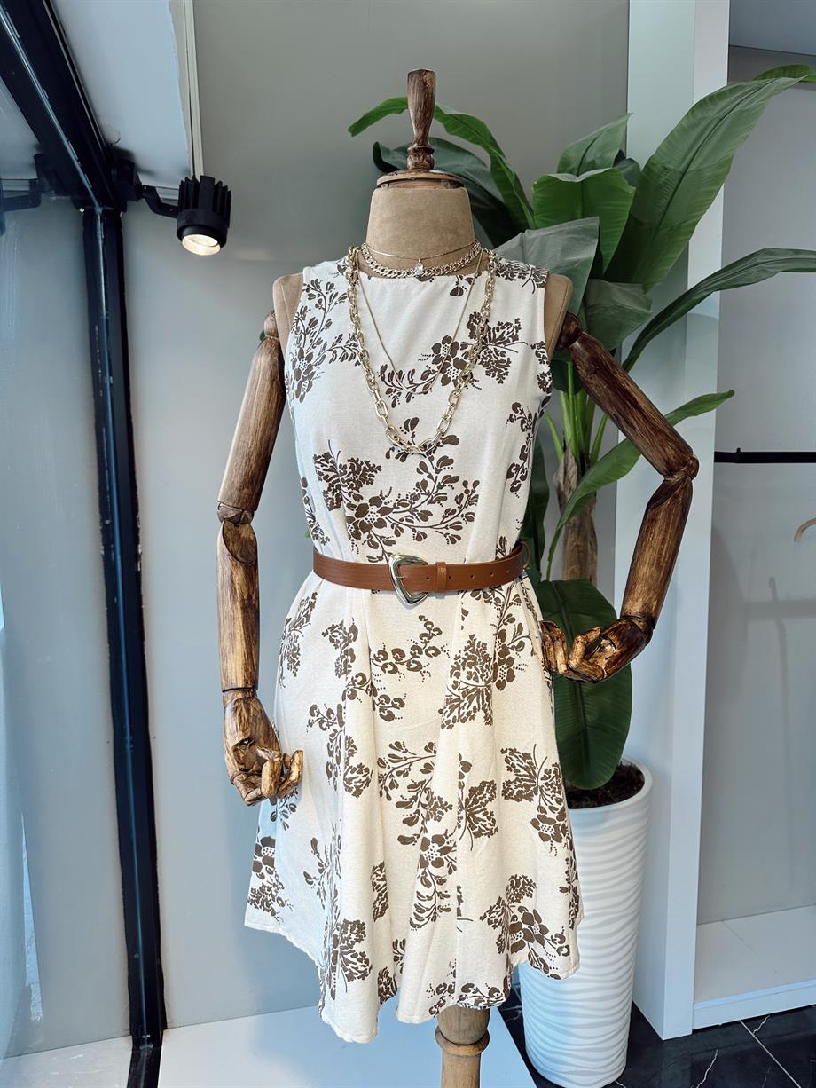 Kahve Desenli Kısa Elbise