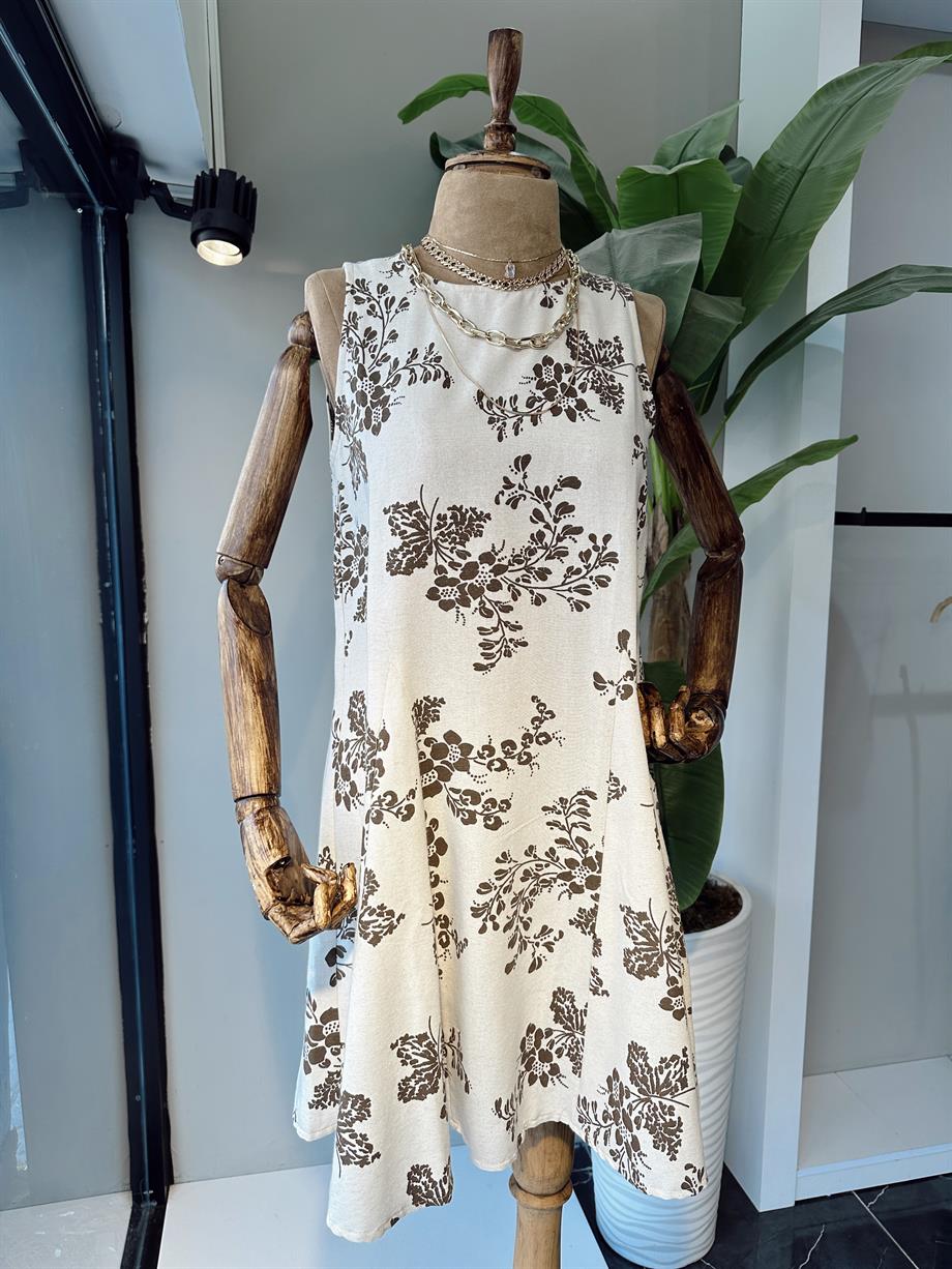 Kahve Desenli Kısa Elbise