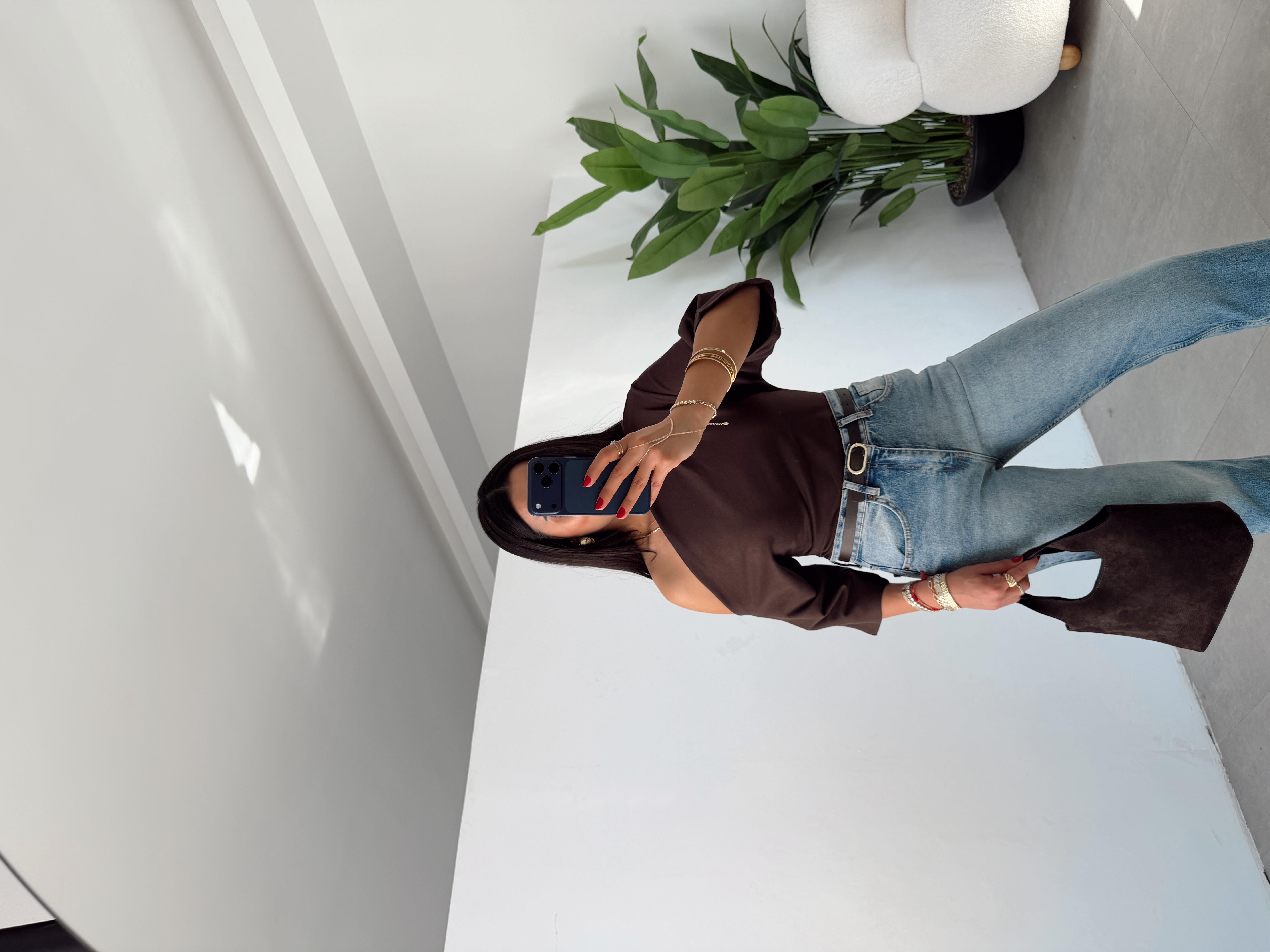 Kahve Drape Detaylı Asimetrik Bluz