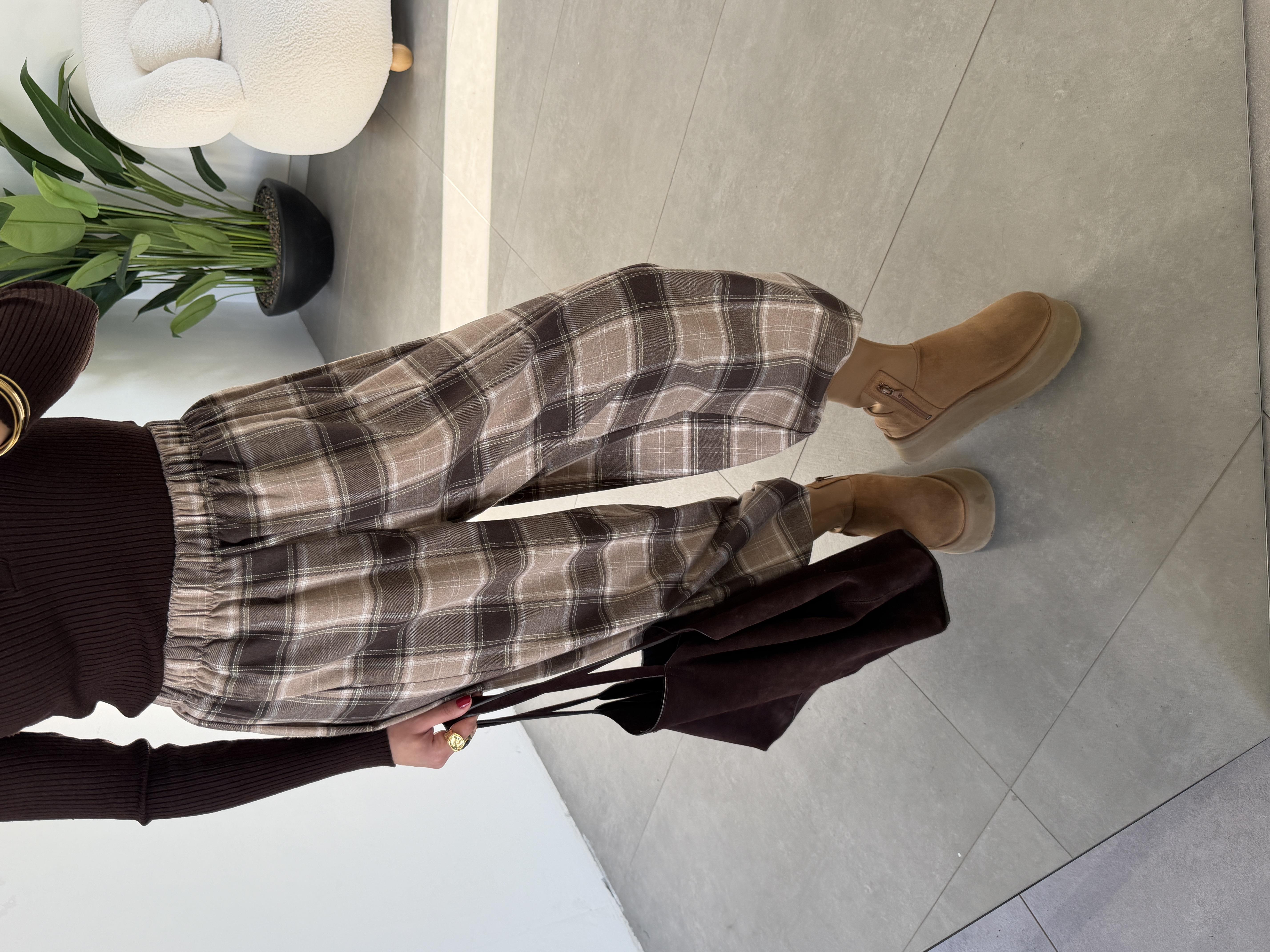 Kahve Ekose Cepli Yan Parçalı Balon Pantolon