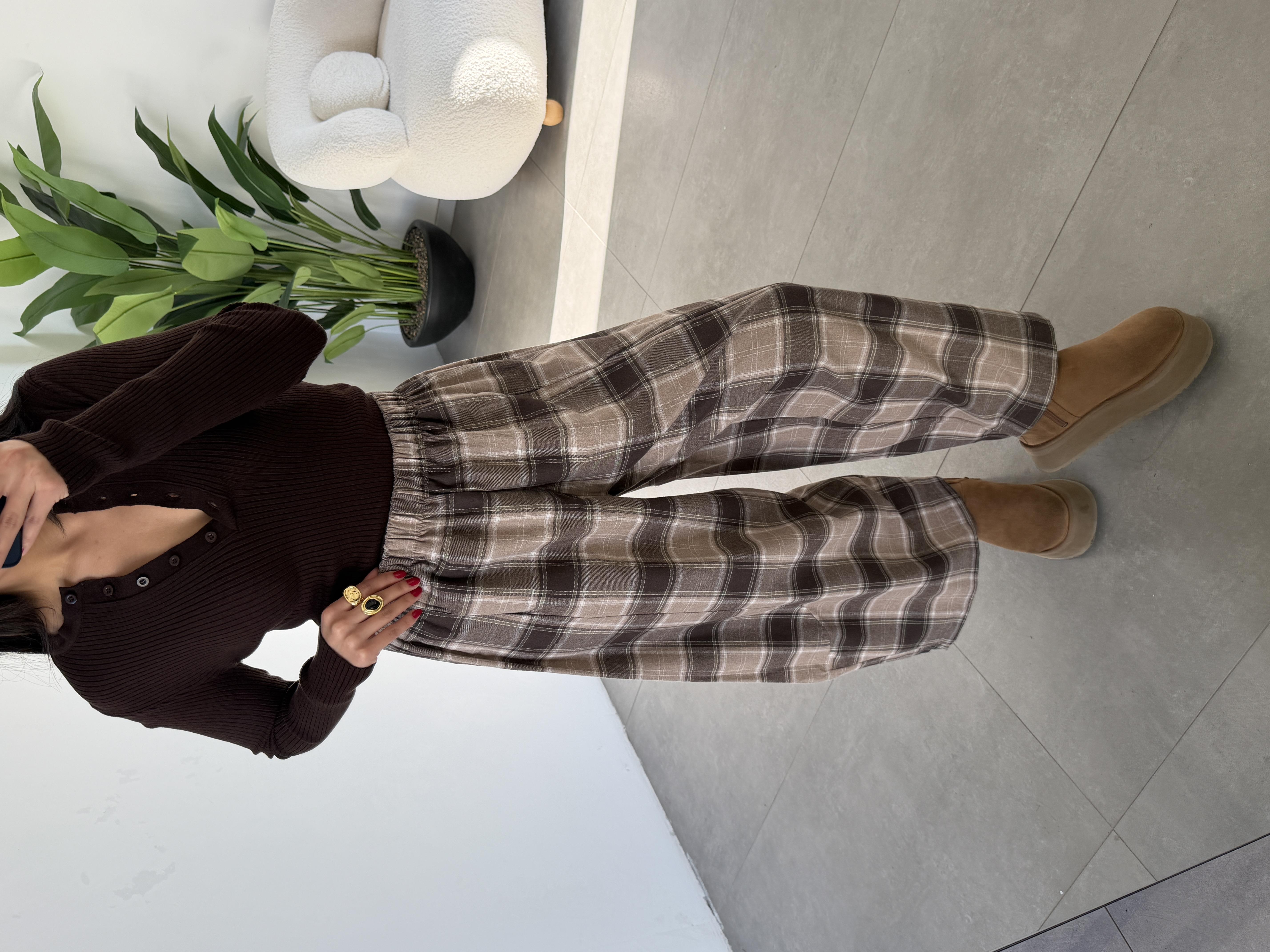 Kahve Ekose Cepli Yan Parçalı Balon Pantolon