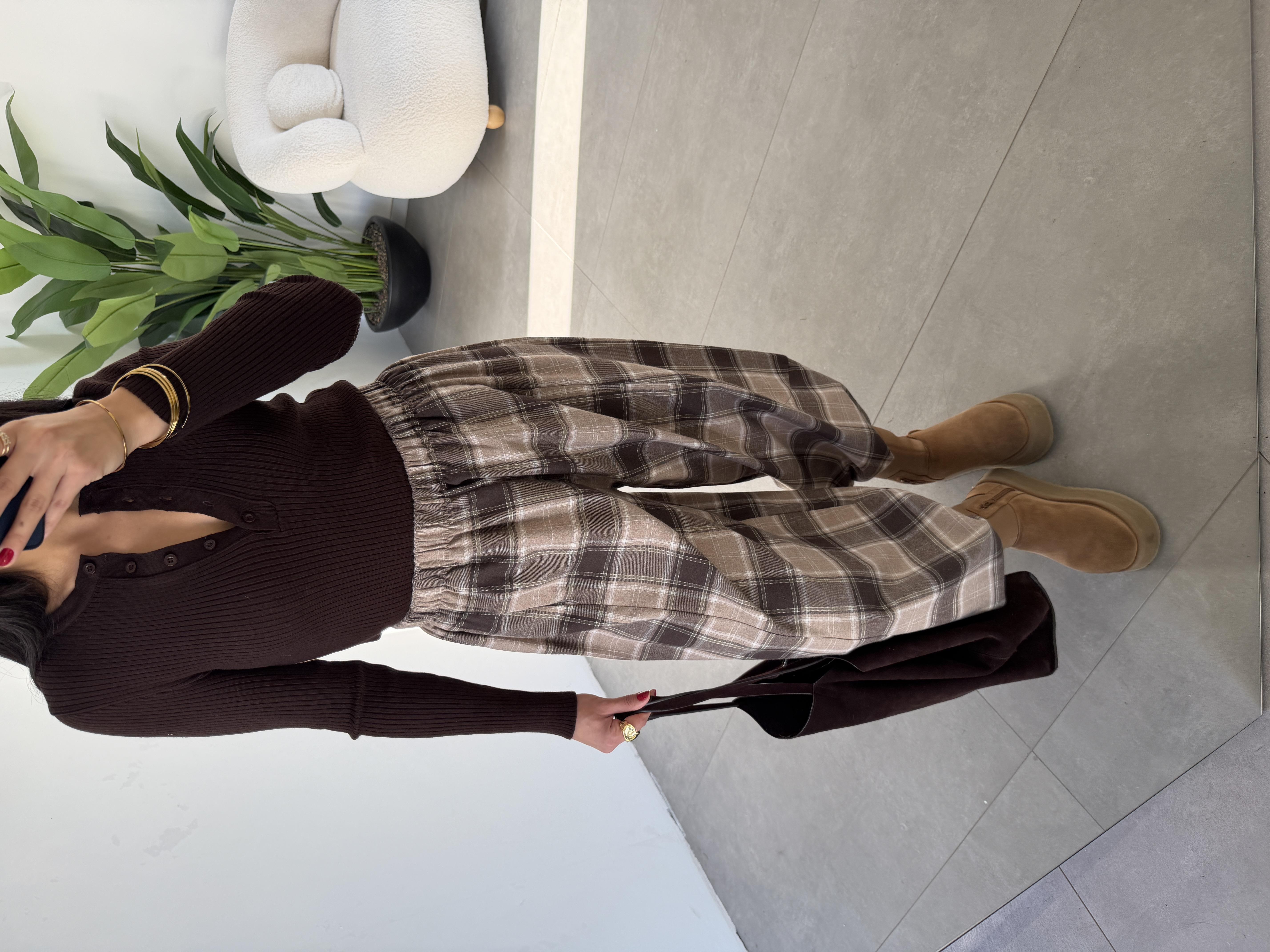 Kahve Ekose Cepli Yan Parçalı Balon Pantolon