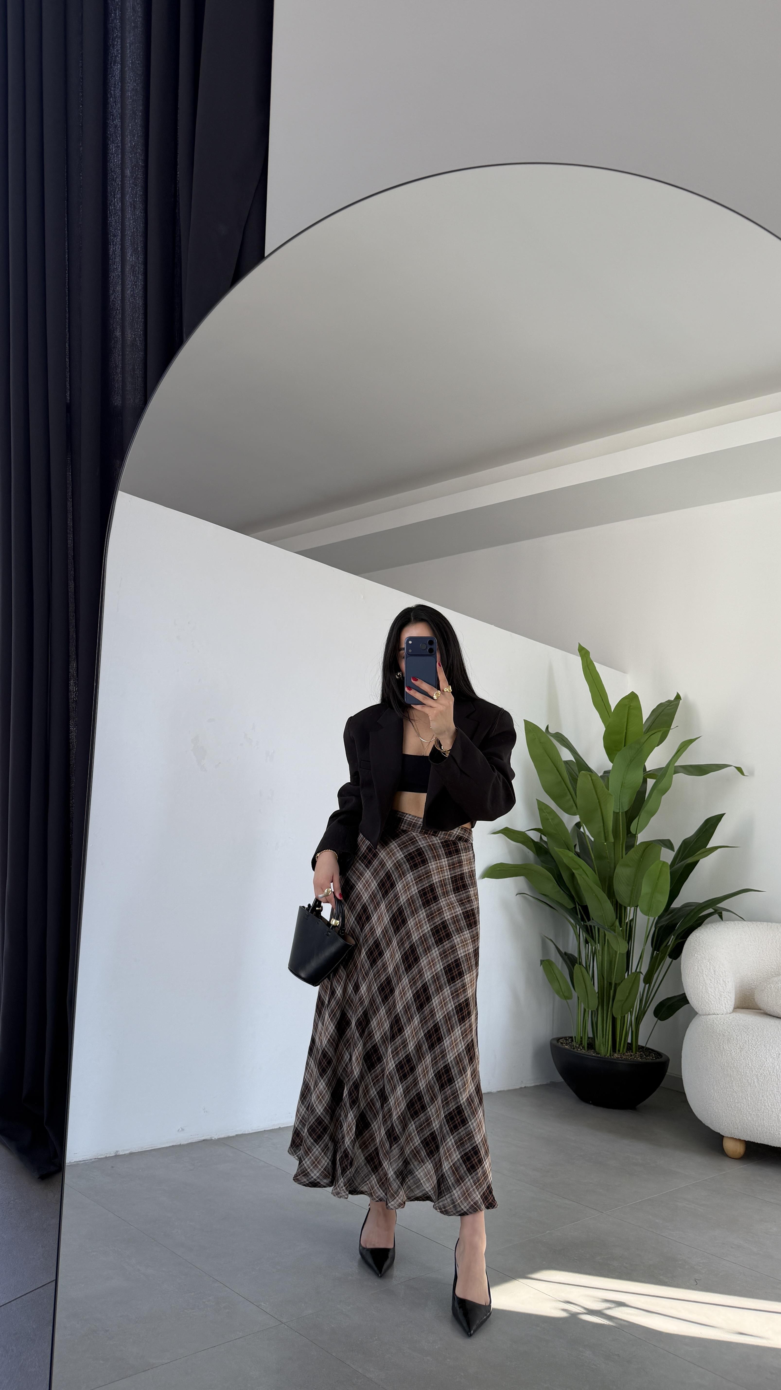 Kahve Ekose Desen Klos Etek