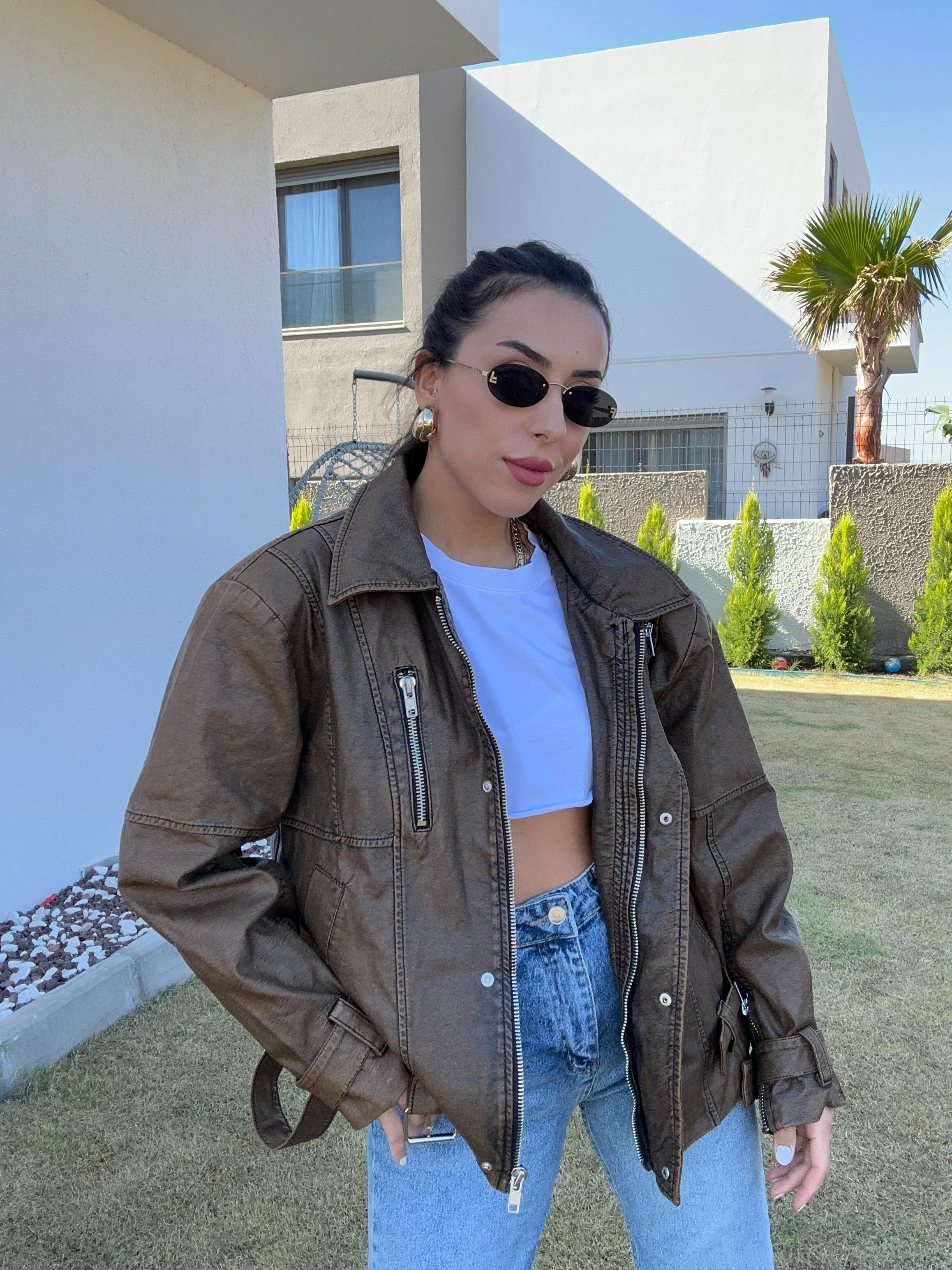 Kahve Fermuar Detaylı Deri Ceket