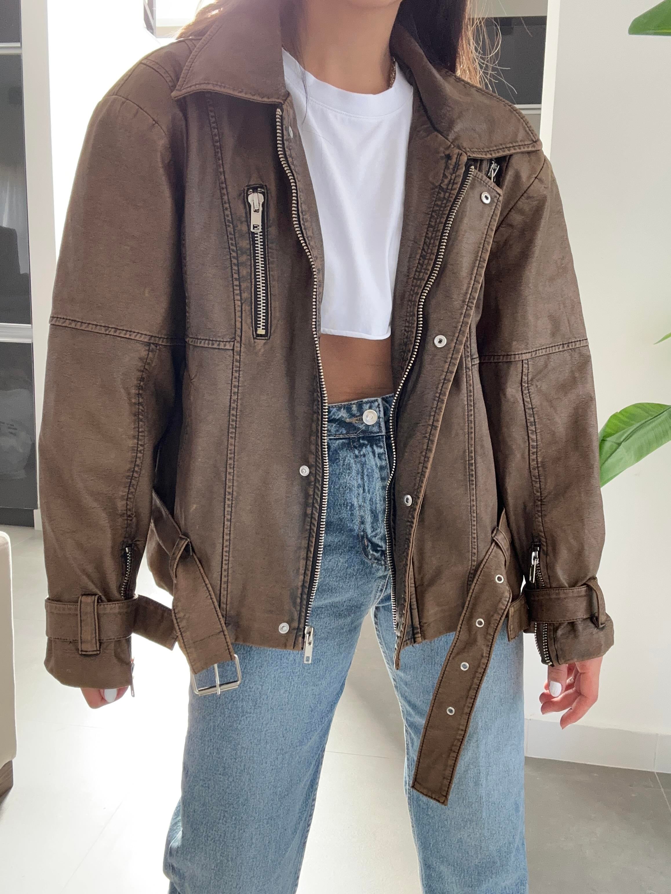 Kahve Fermuar Detaylı Deri Ceket