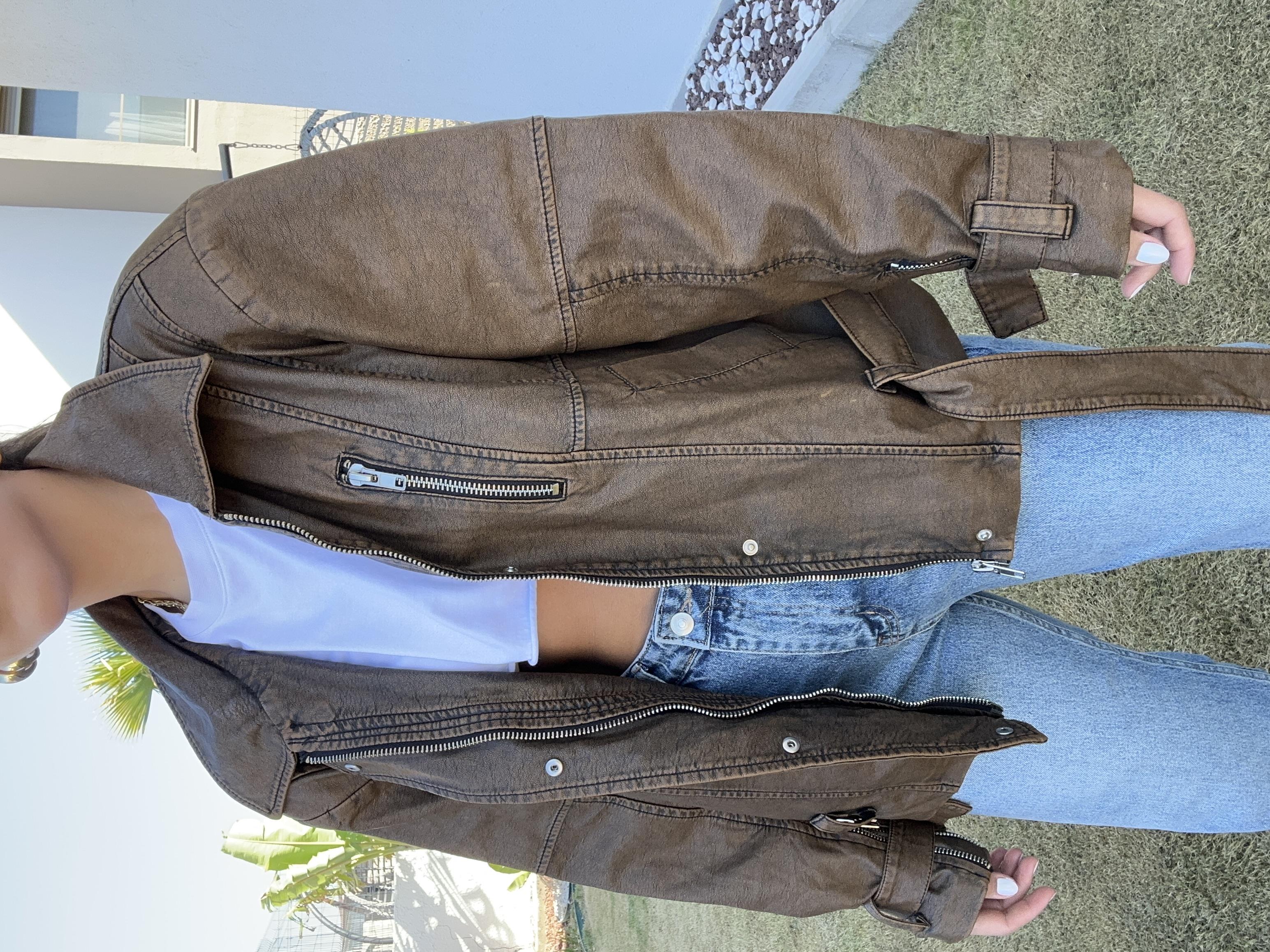 Kahve Fermuar Detaylı Deri Ceket