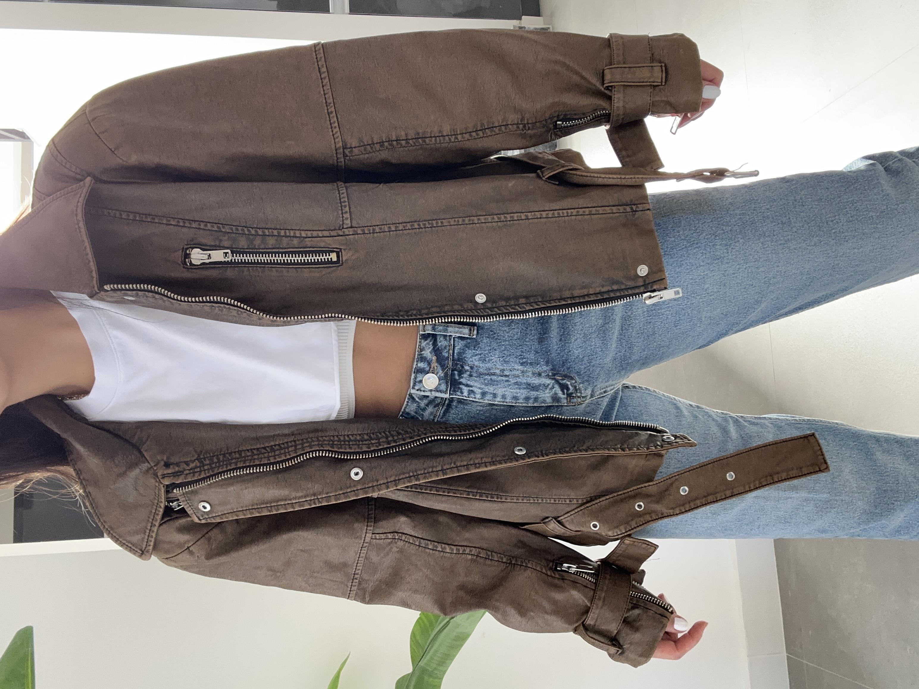 Kahve Fermuar Detaylı Deri Ceket