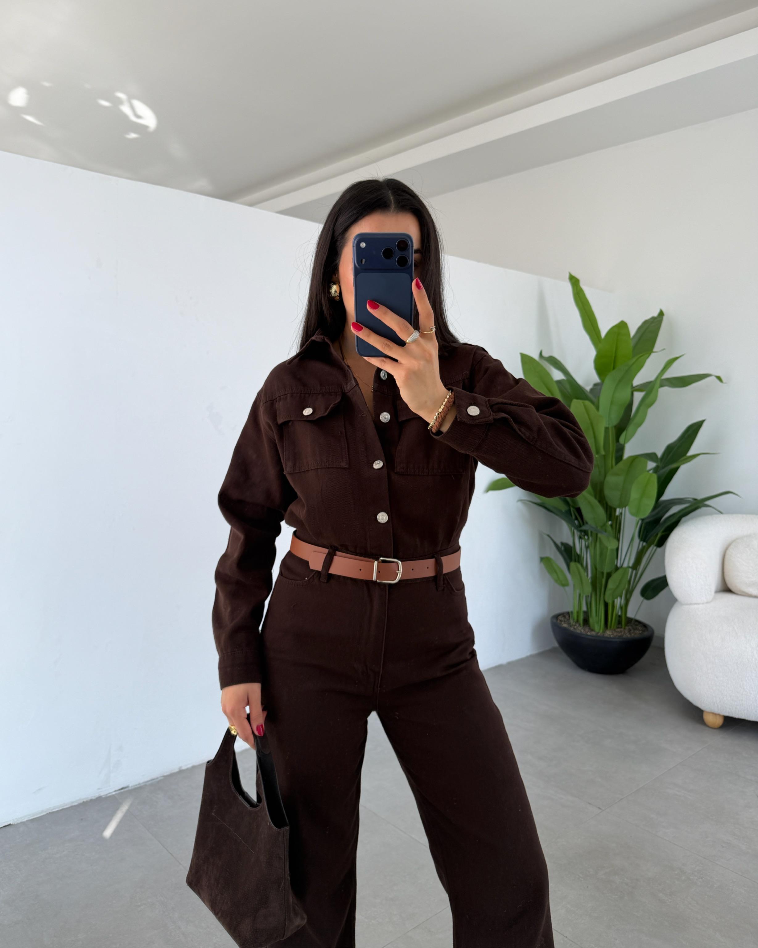 Kahve Gabardin Kemerli Tulum