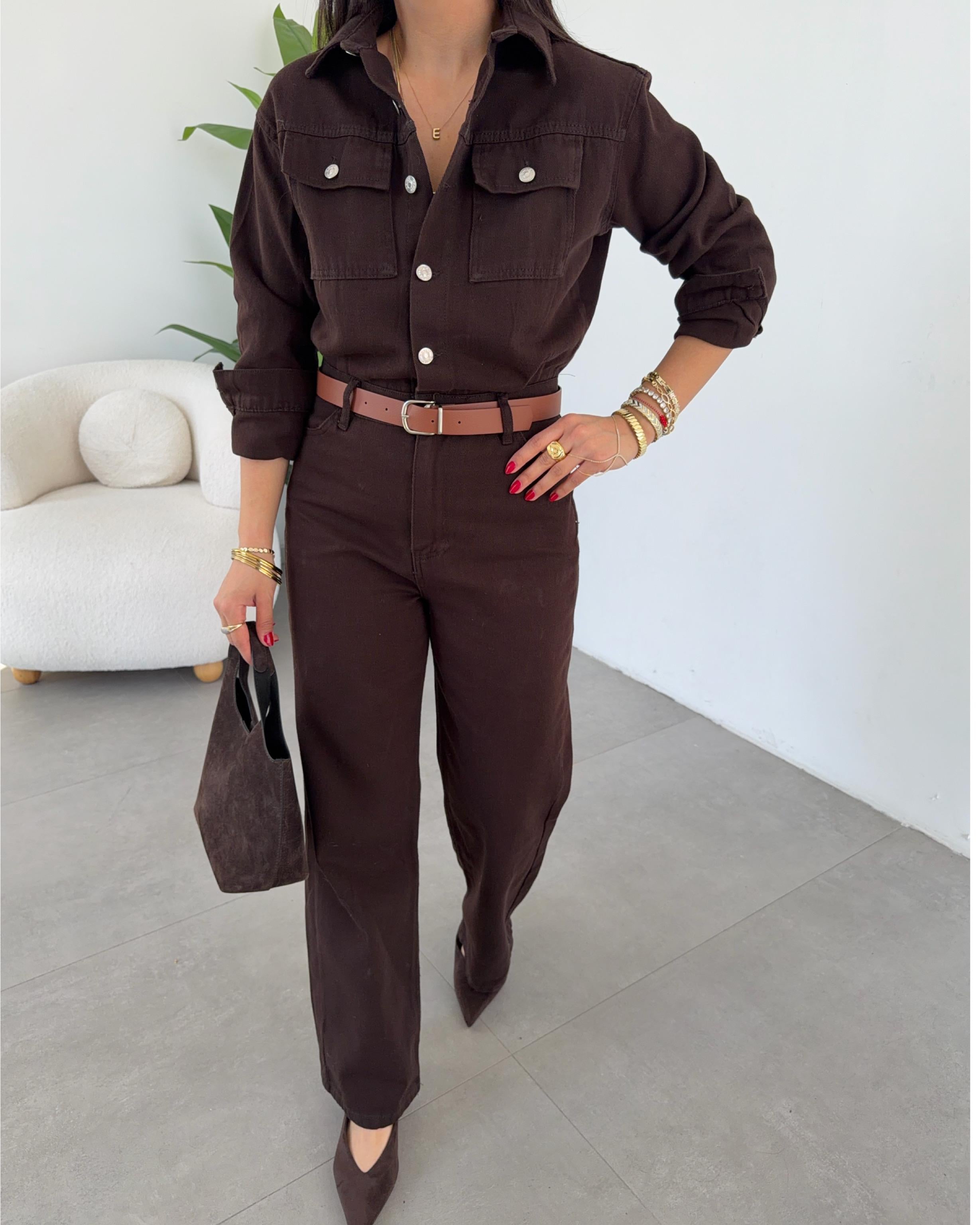 Kahve Gabardin Kemerli Tulum