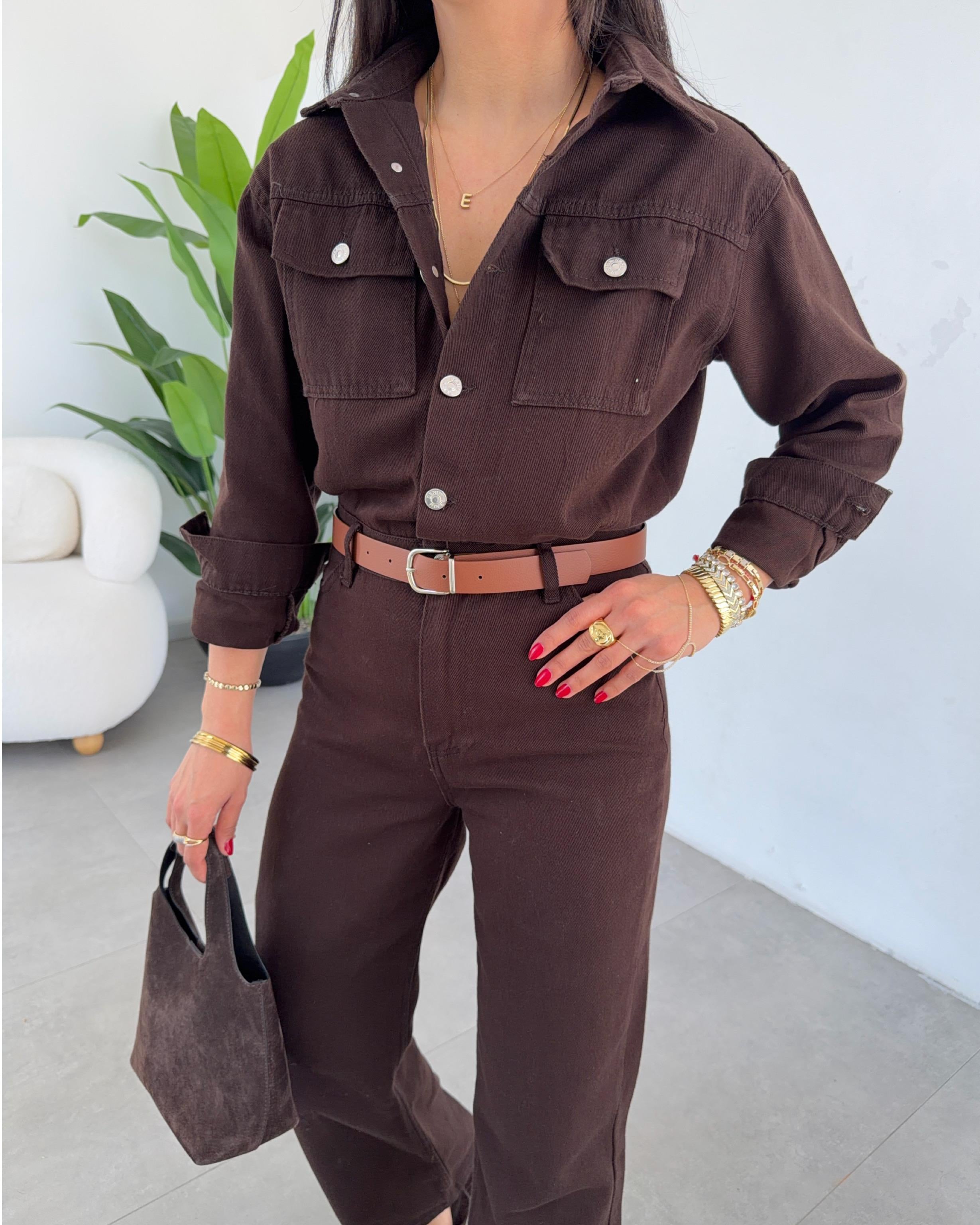 Kahve Gabardin Kemerli Tulum