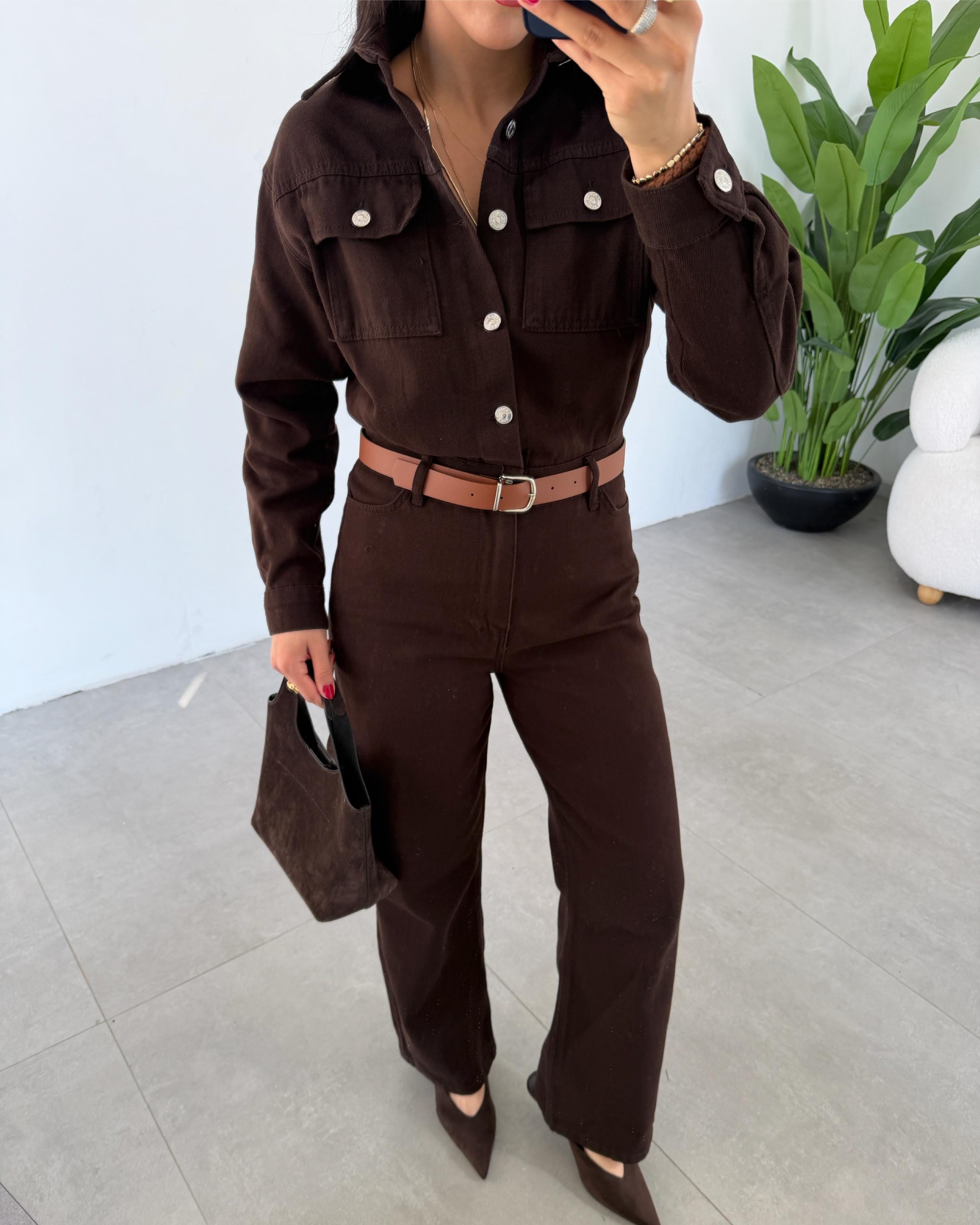 Kahve Gabardin Kemerli Tulum