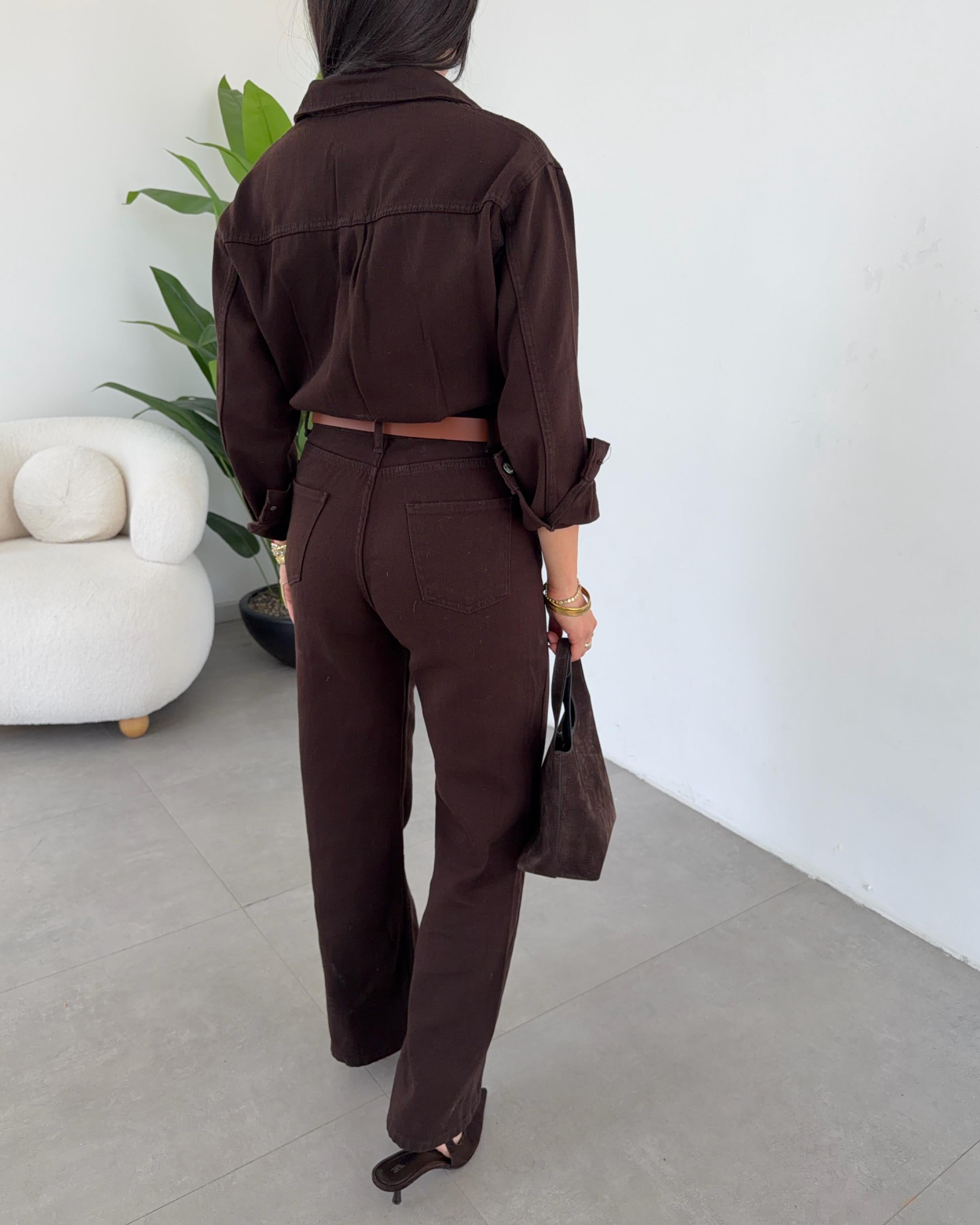 Kahve Gabardin Kemerli Tulum