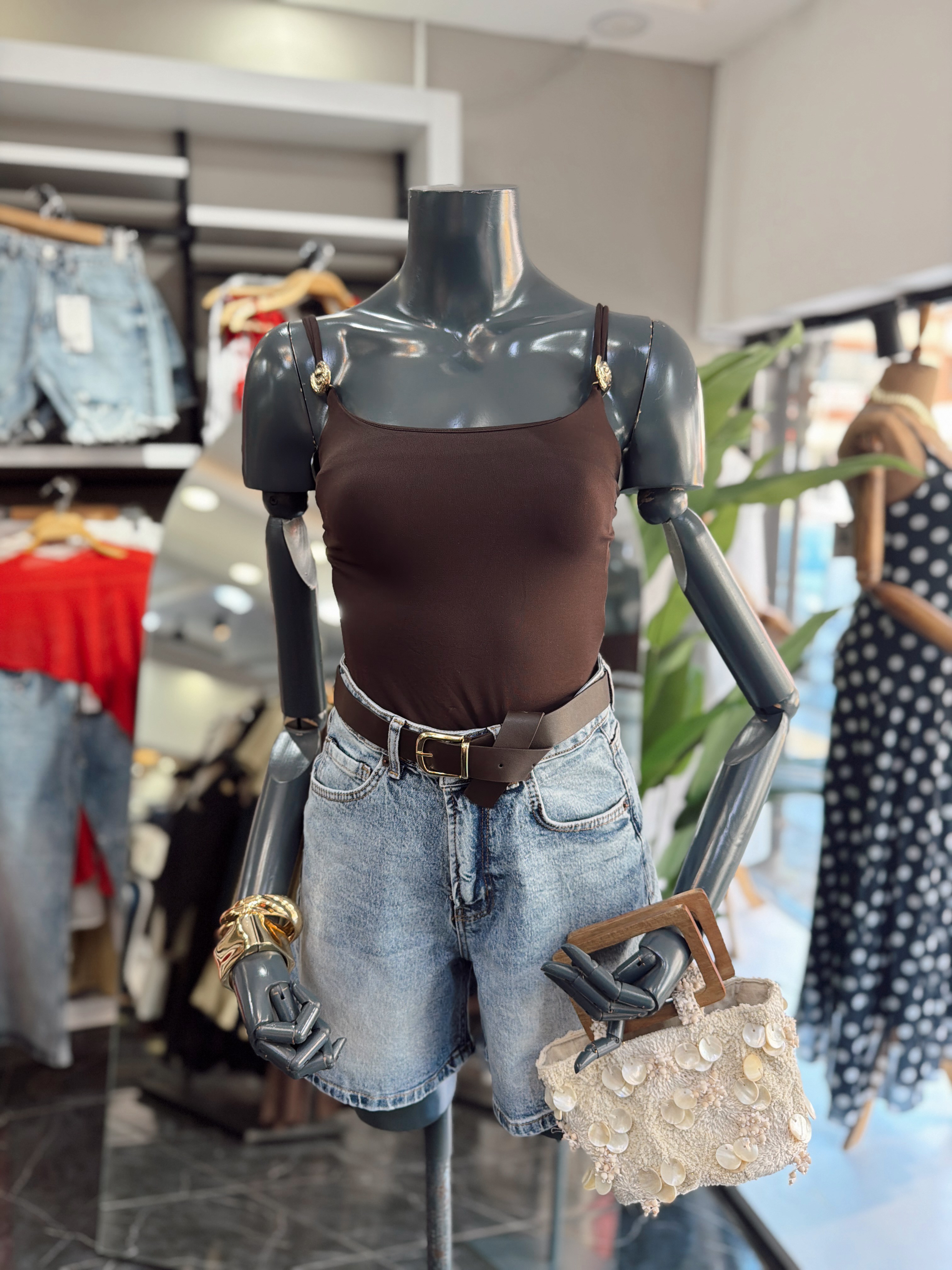 Kahve Gold Toka Detaylı Bodysuit
