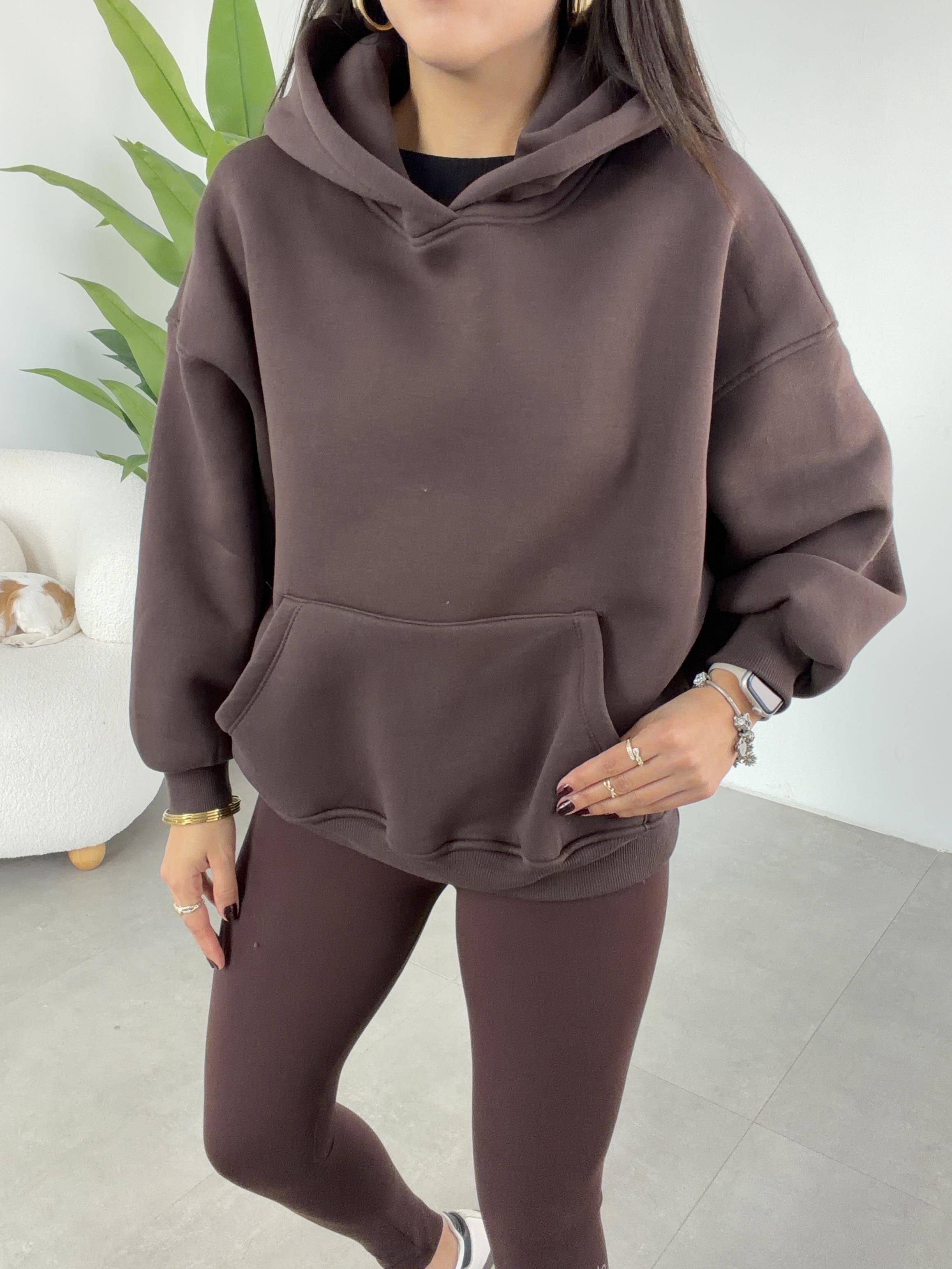 Kahve İçi Şardonlu Kapşonlu Sweatshirt