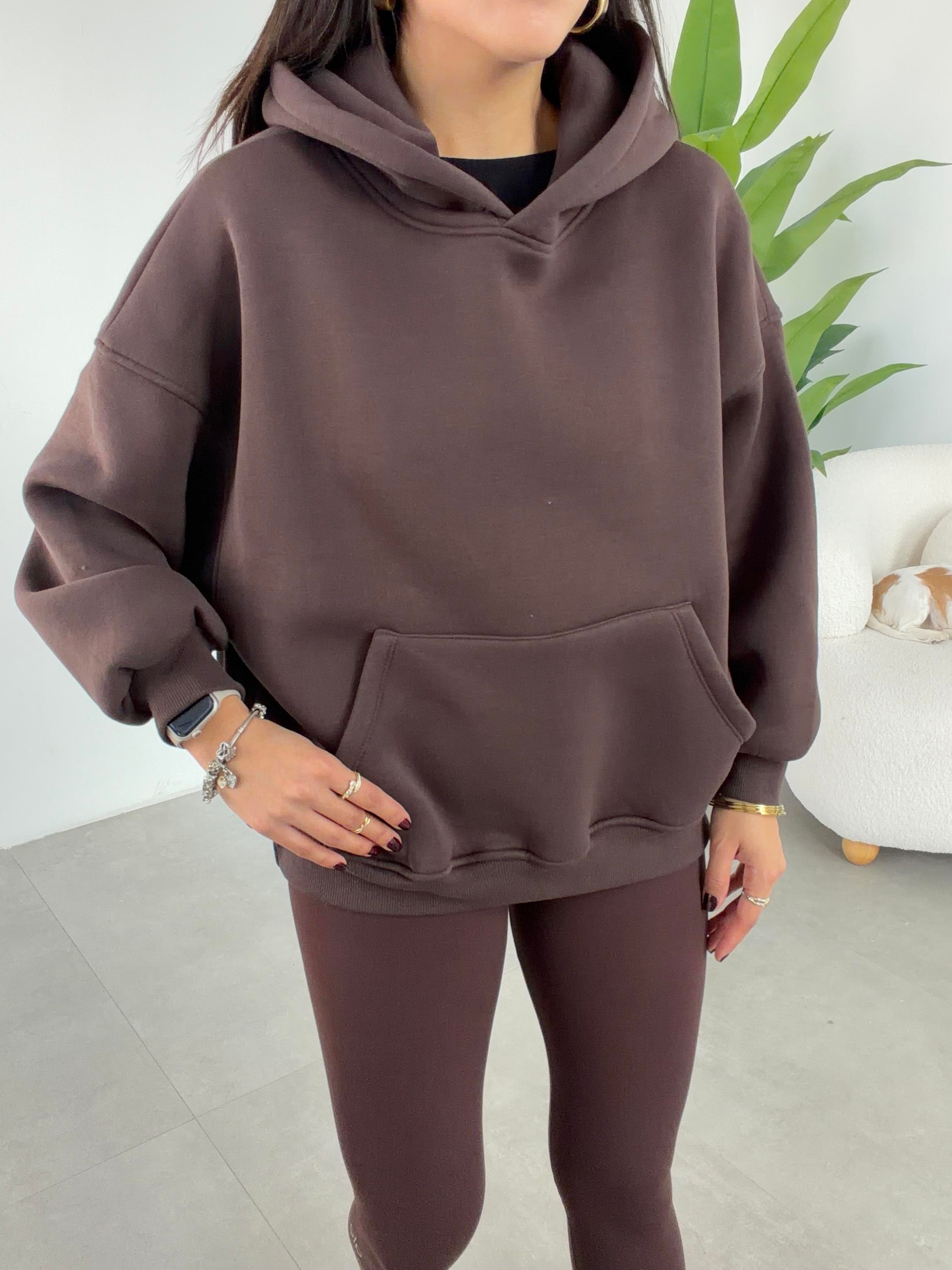 Kahve İçi Şardonlu Kapşonlu Sweatshirt