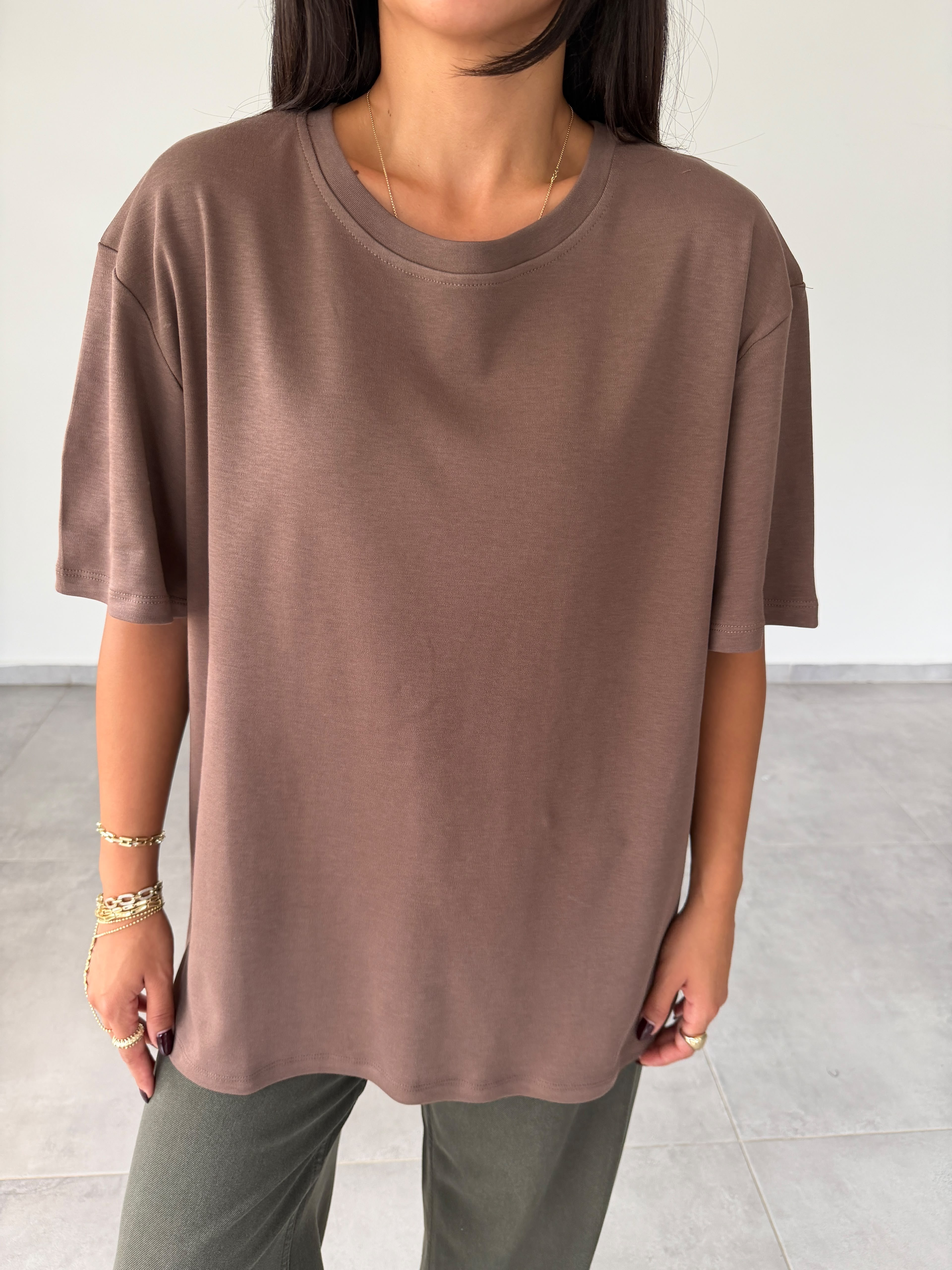 Kahve İnterlok Bisiklet Yaka Tshirt