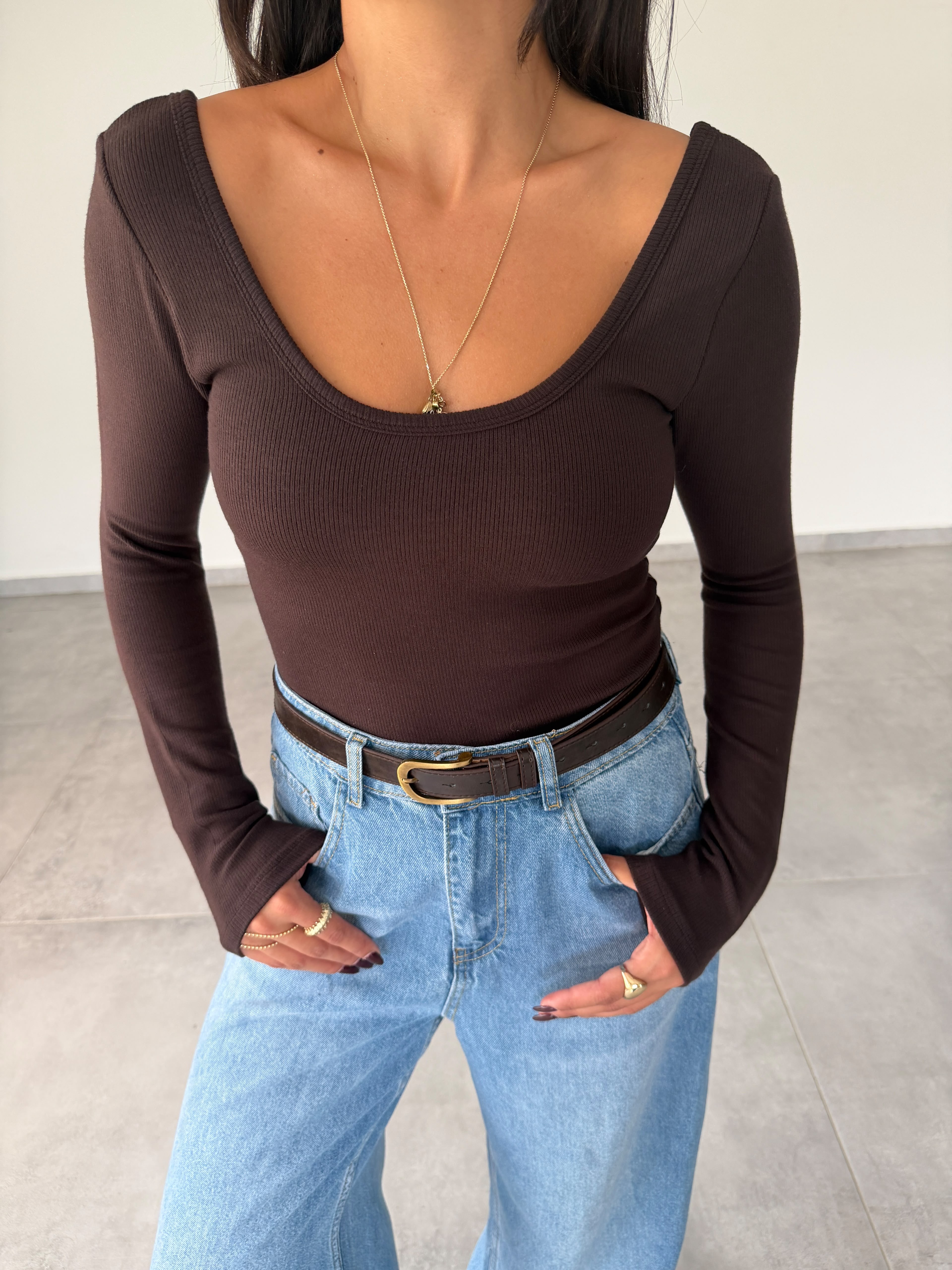 Kahve İpek Kaşkorse Gloplu Uzun Kollu Body