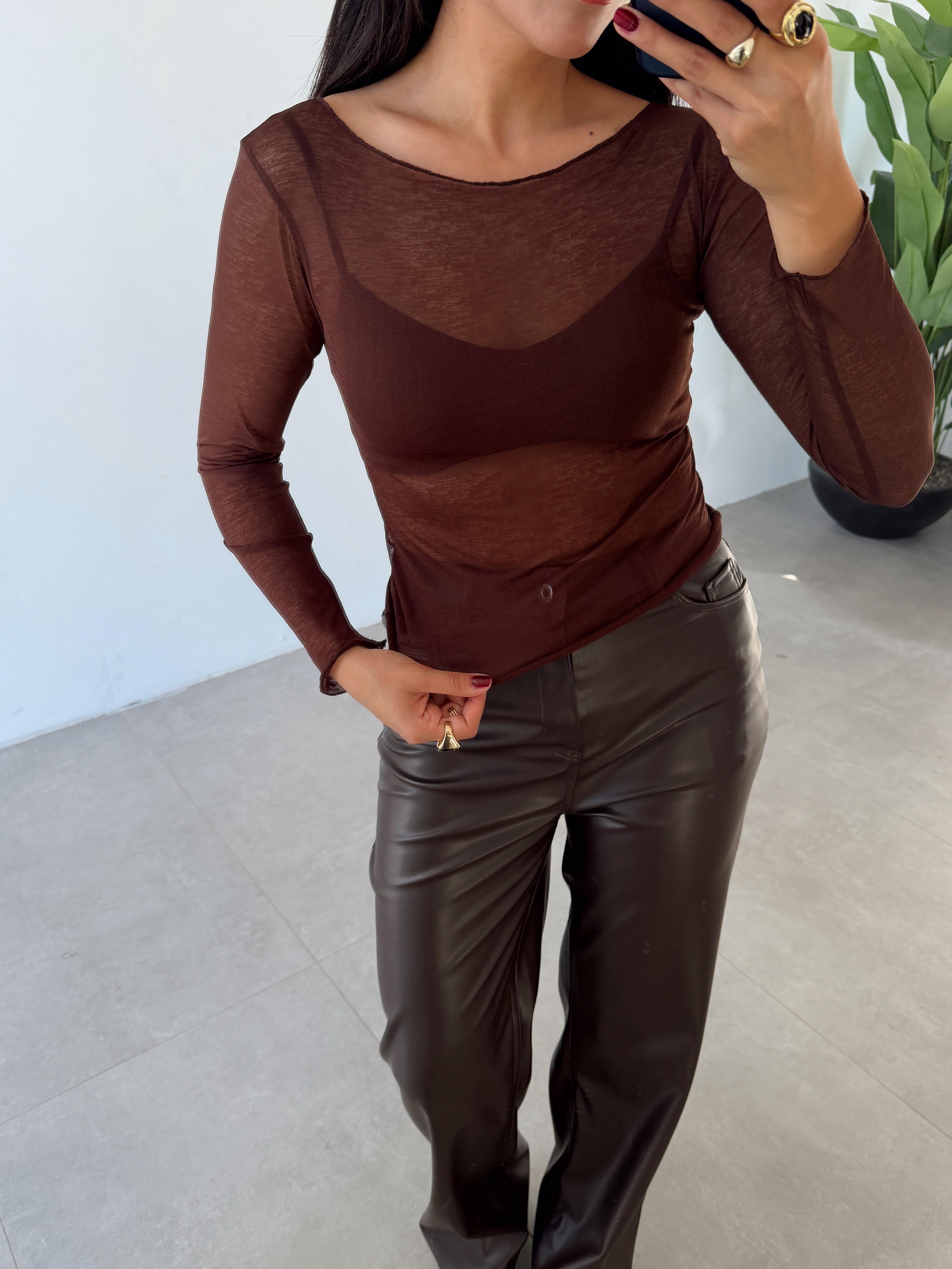 Kahve Kayık Yaka Transparan Bluz
