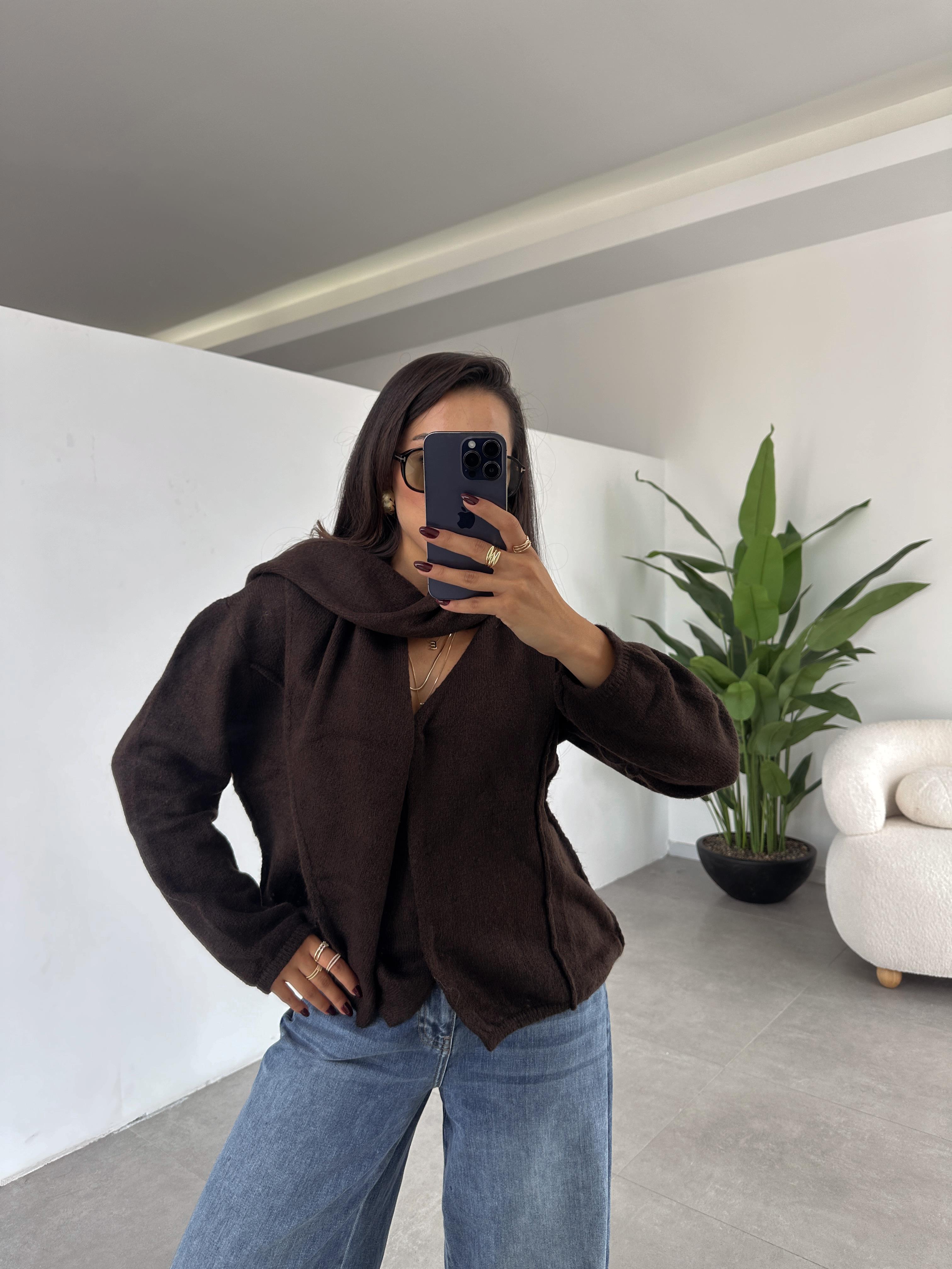 Kahve Kendinden Atkılı Hırka
