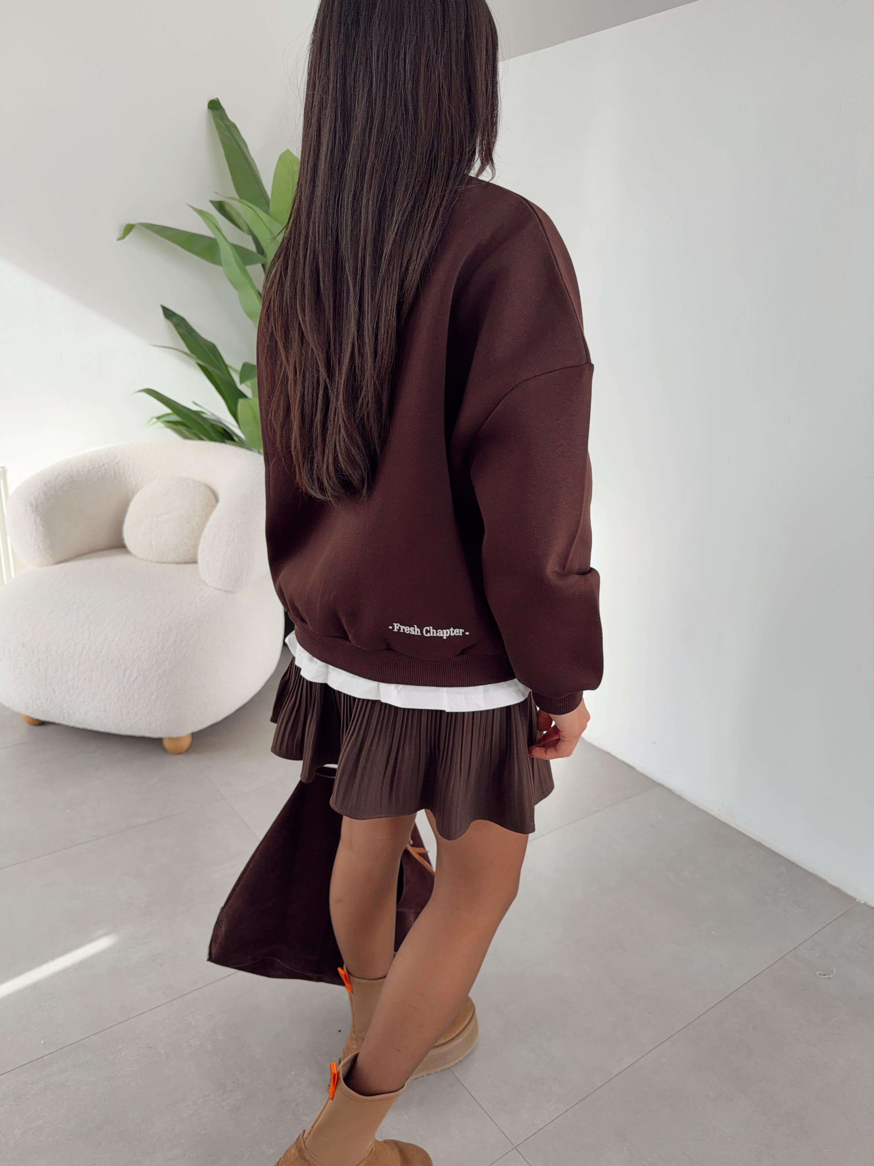 Kahve Kendinden Tişörtlü Nakışlı Sweat