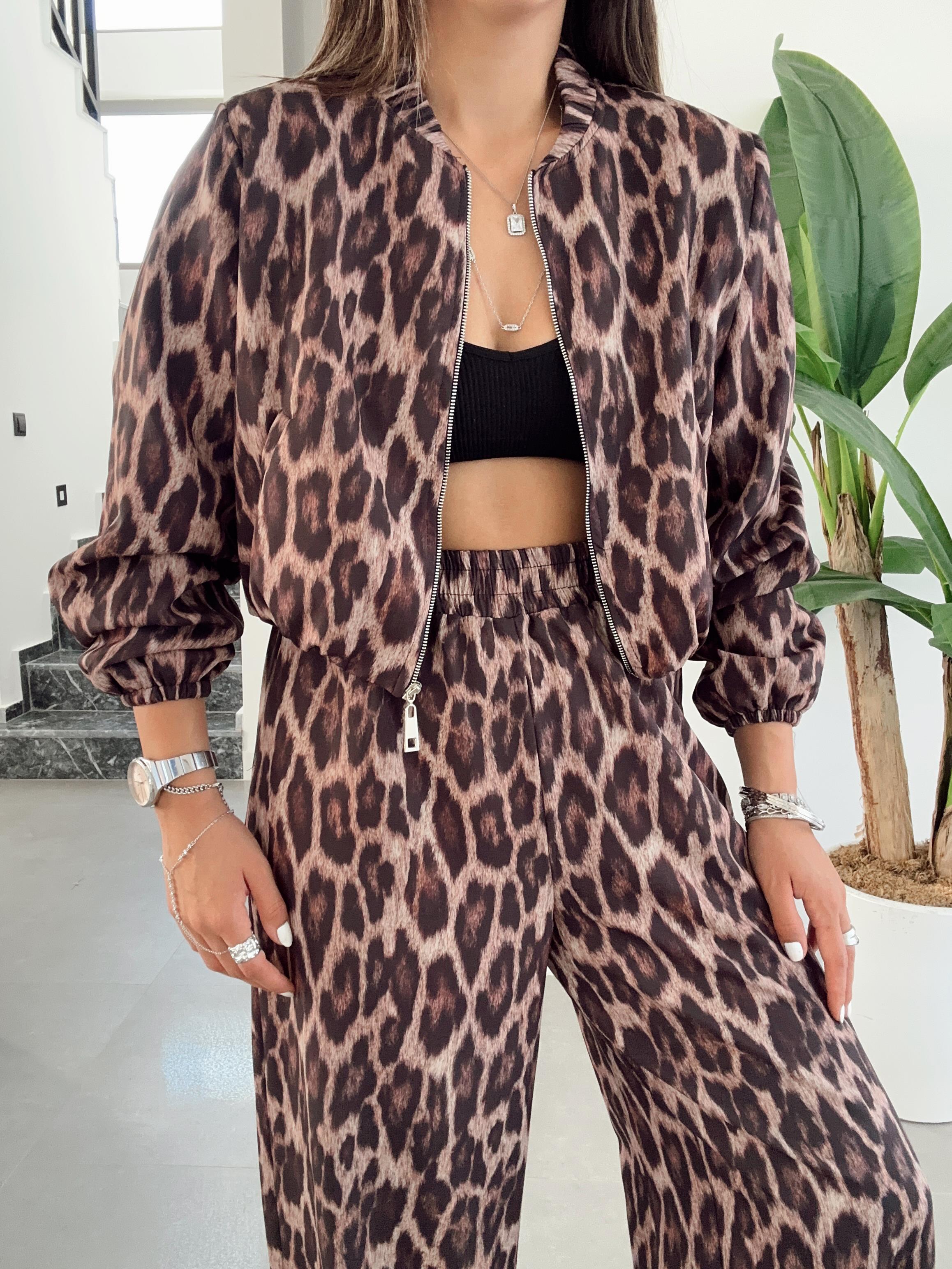 Kahve Leopar Desenli Bomber Ceket