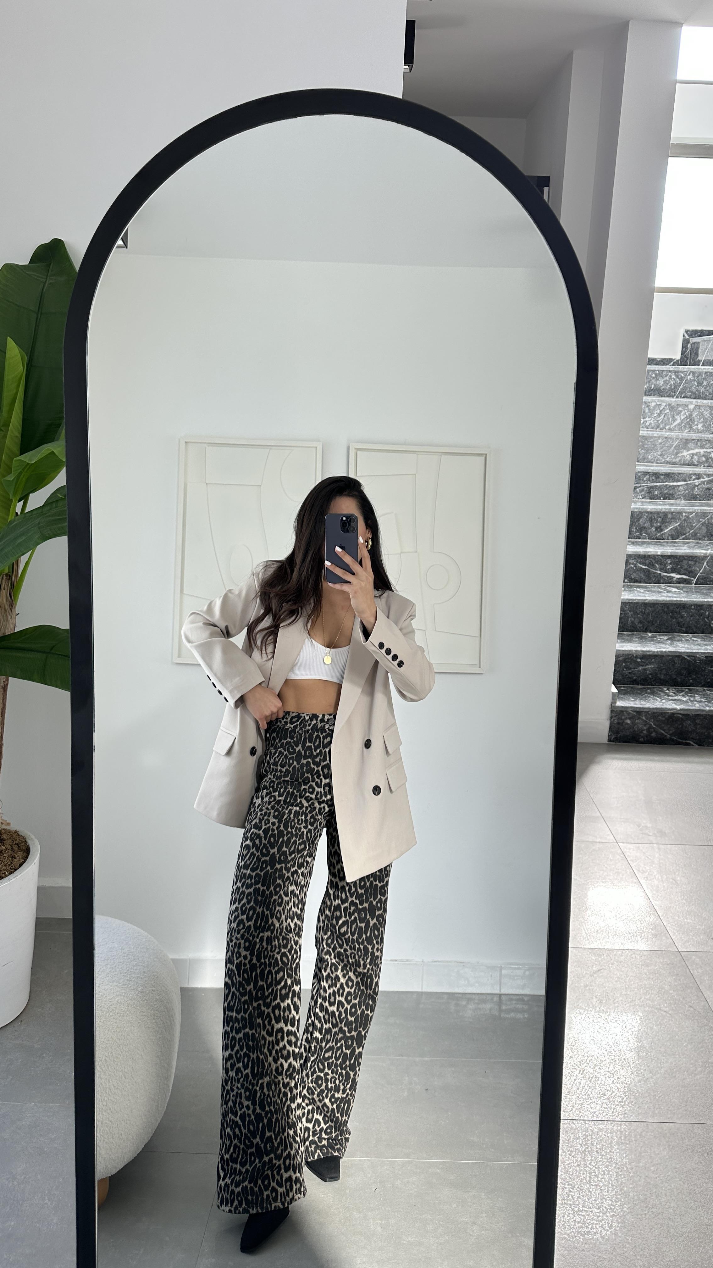 Kahve Leopar Desenli Pantolon