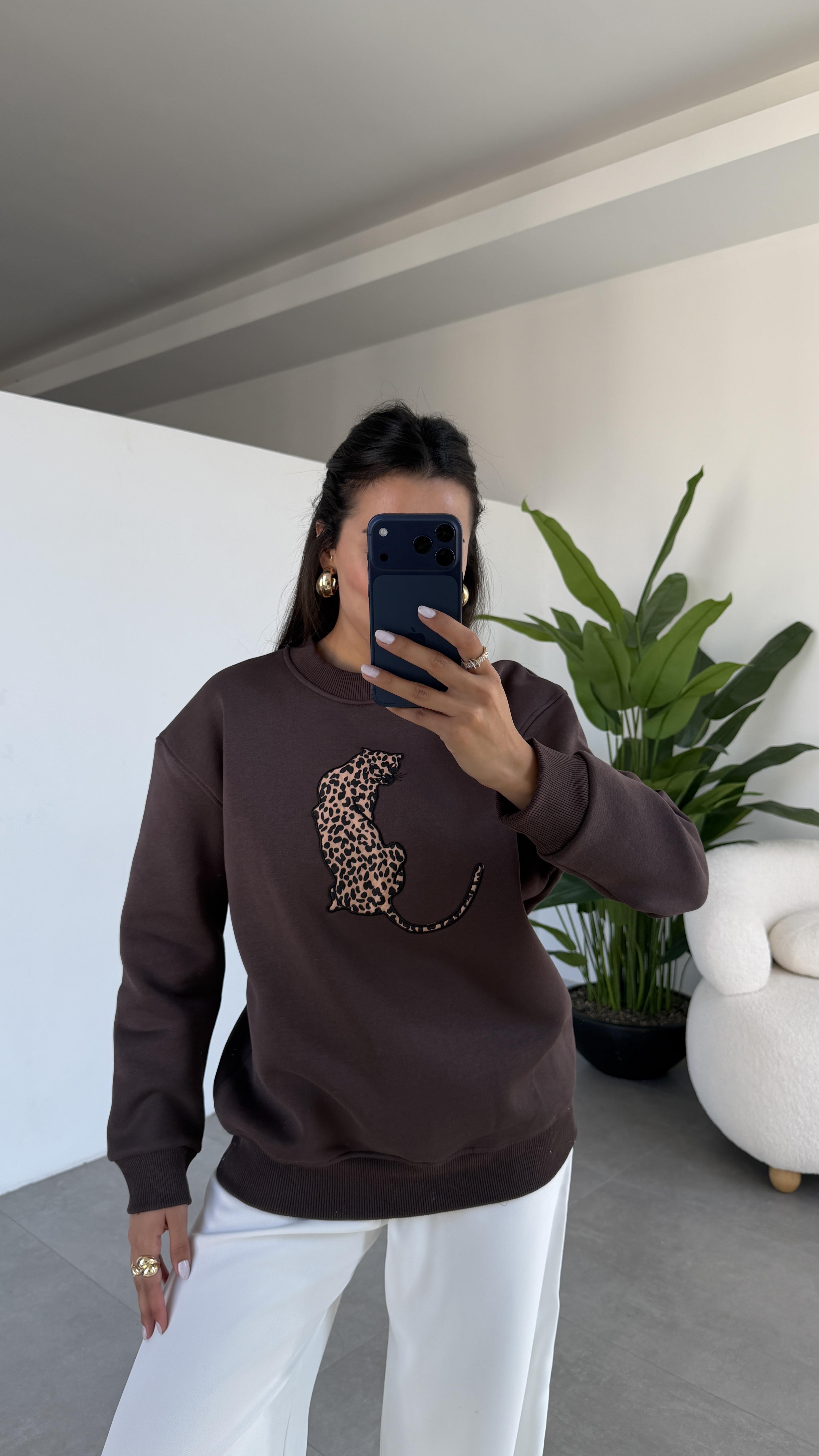 Kahve Leopar Desenli Sweatshirt