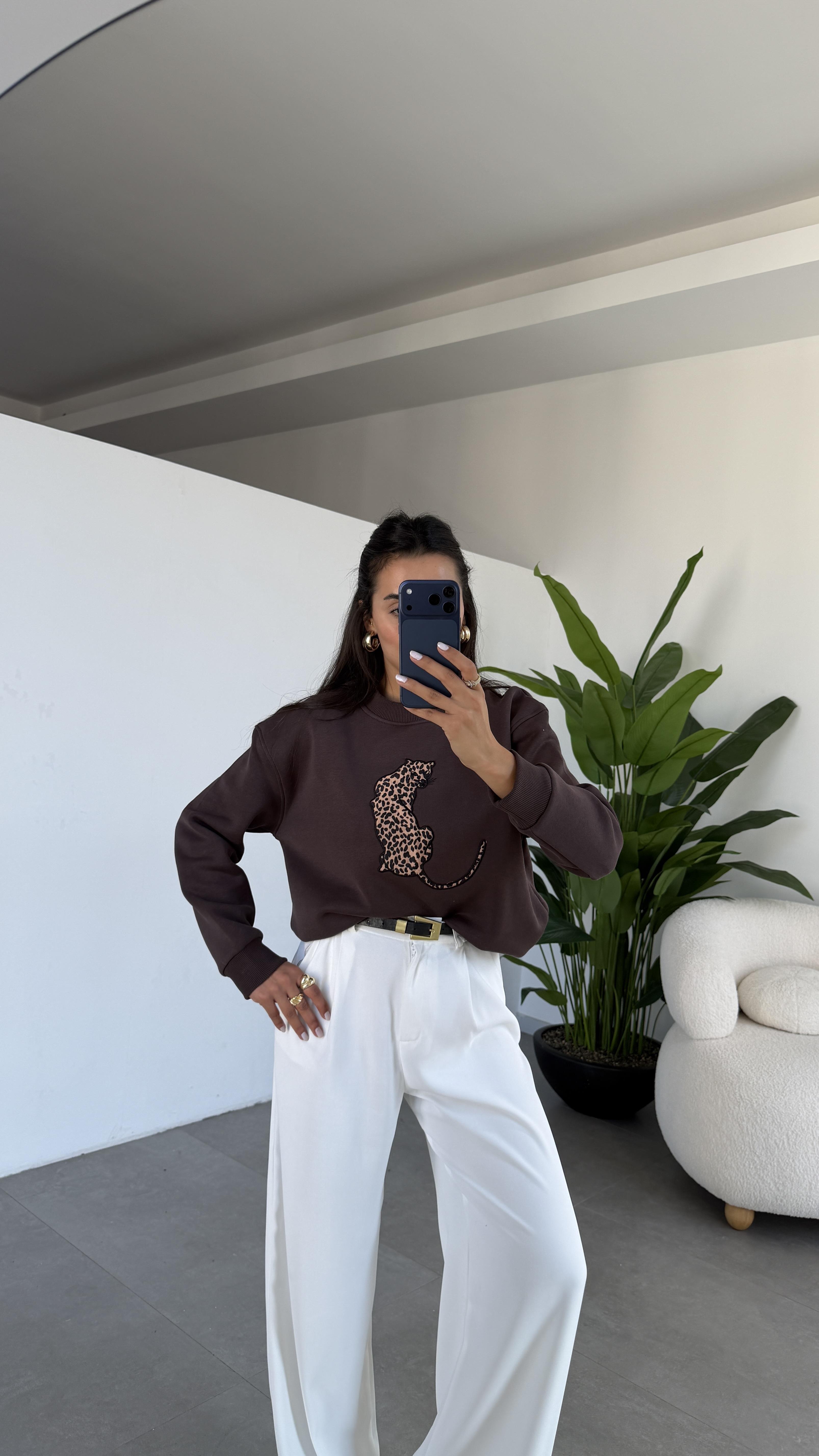 Kahve Leopar Desenli Sweatshirt