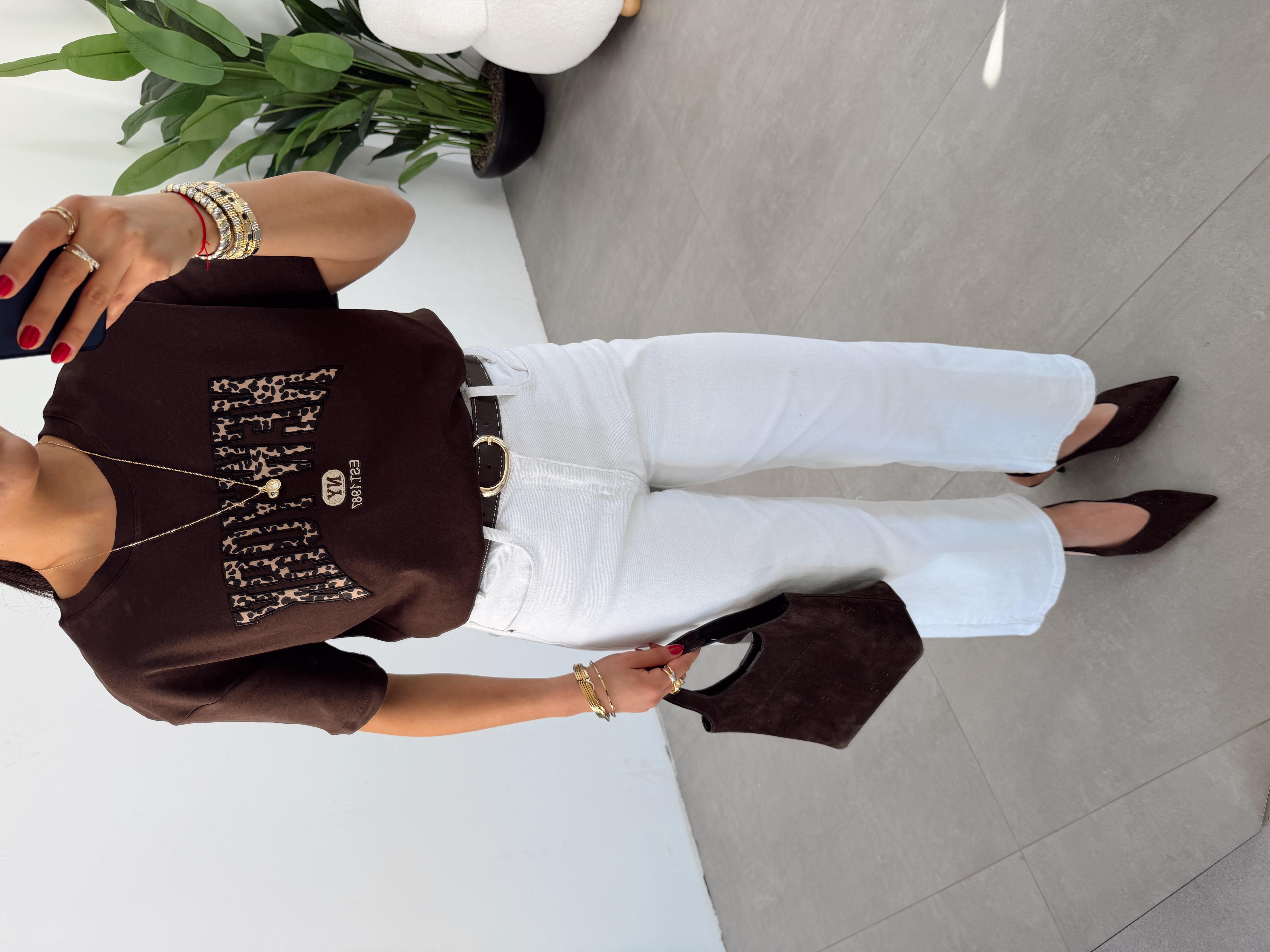 Kahve Leopar Yazılı Tshirt