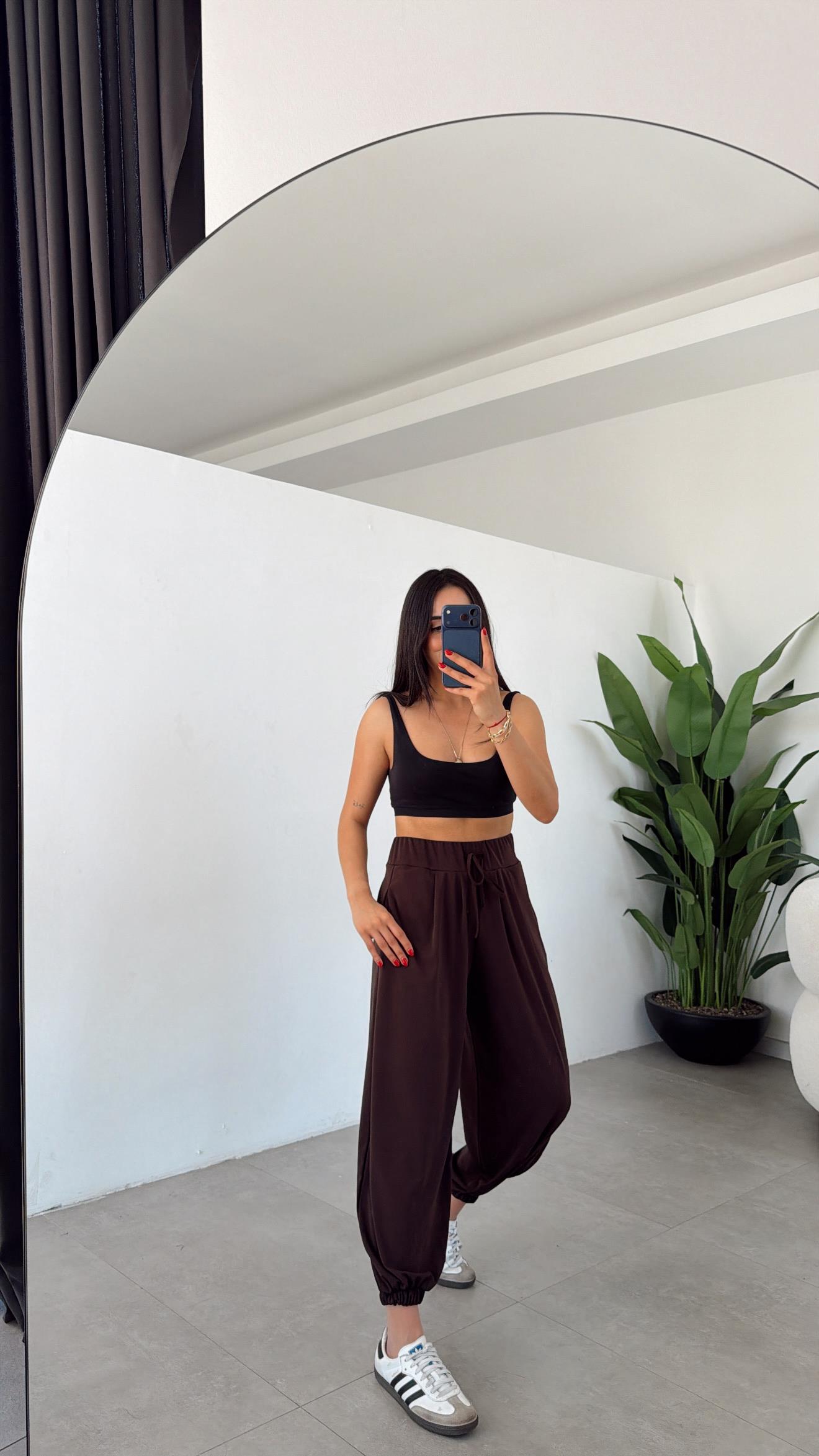 Kahve Likralı Kemerli Şalvar Pantolon