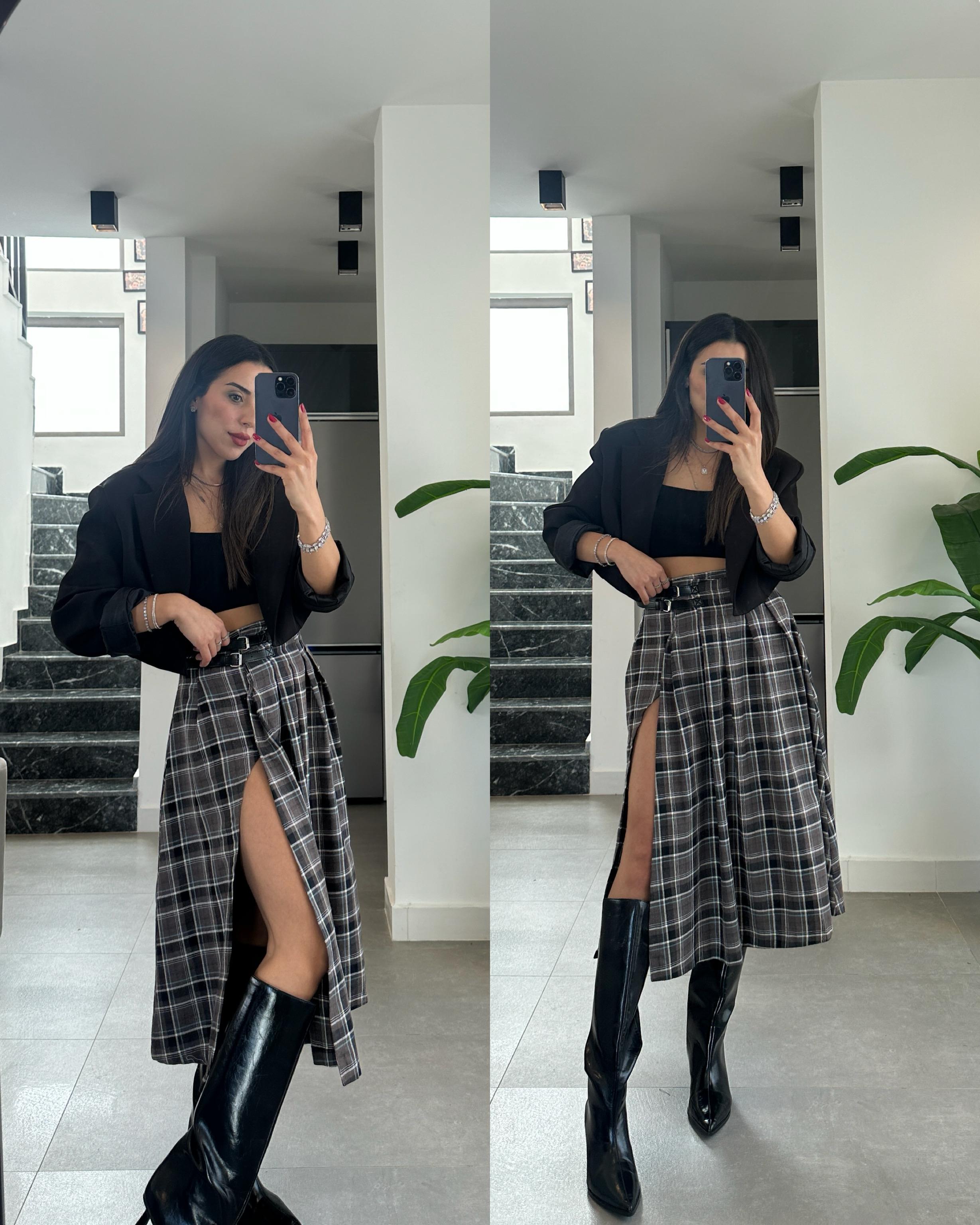 Kahve-Mint Kemer Detaylı Ekose Desenli Etek