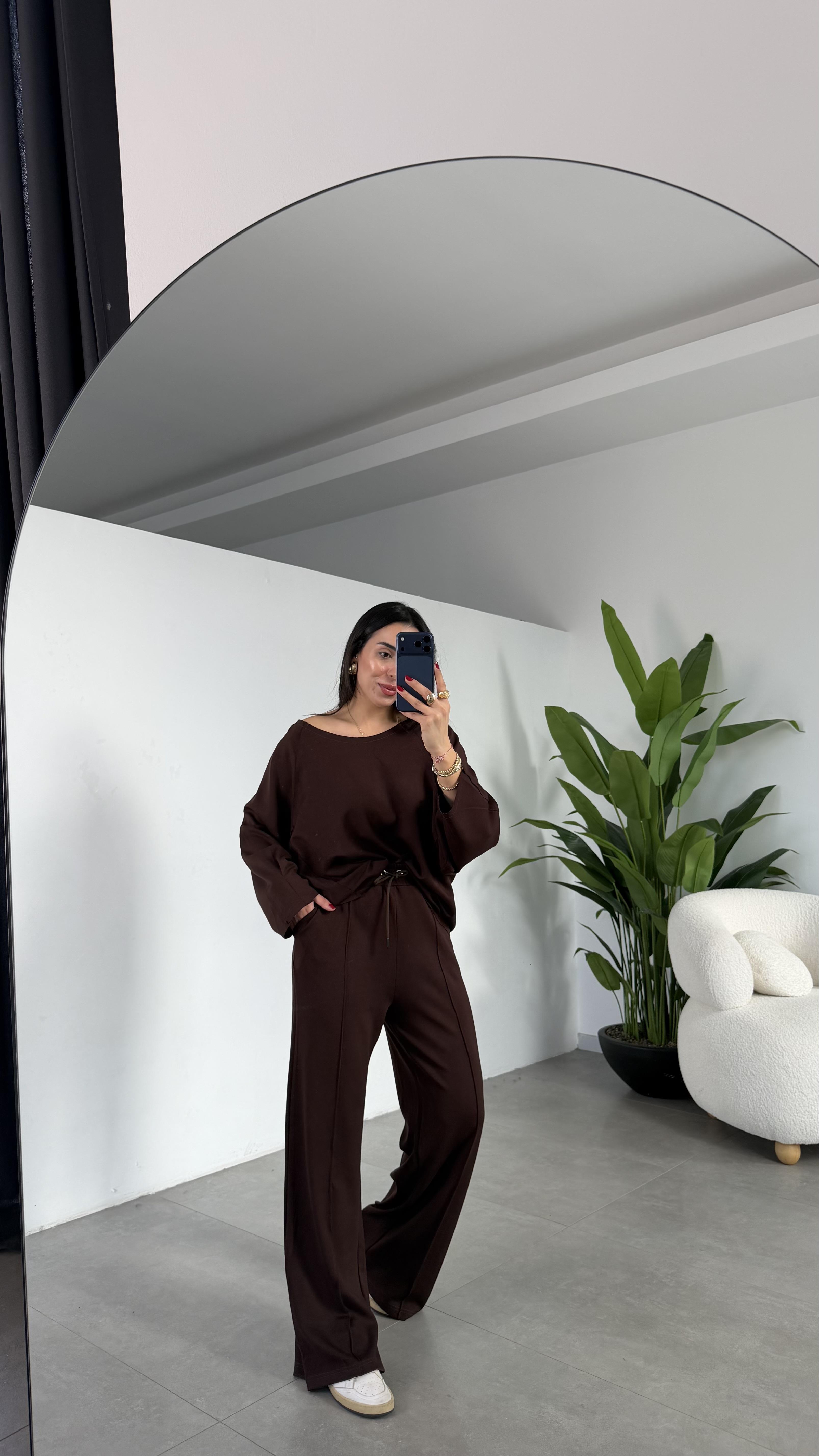 Kahve Modal Geniş Yaka Bluz Pantolon Takım