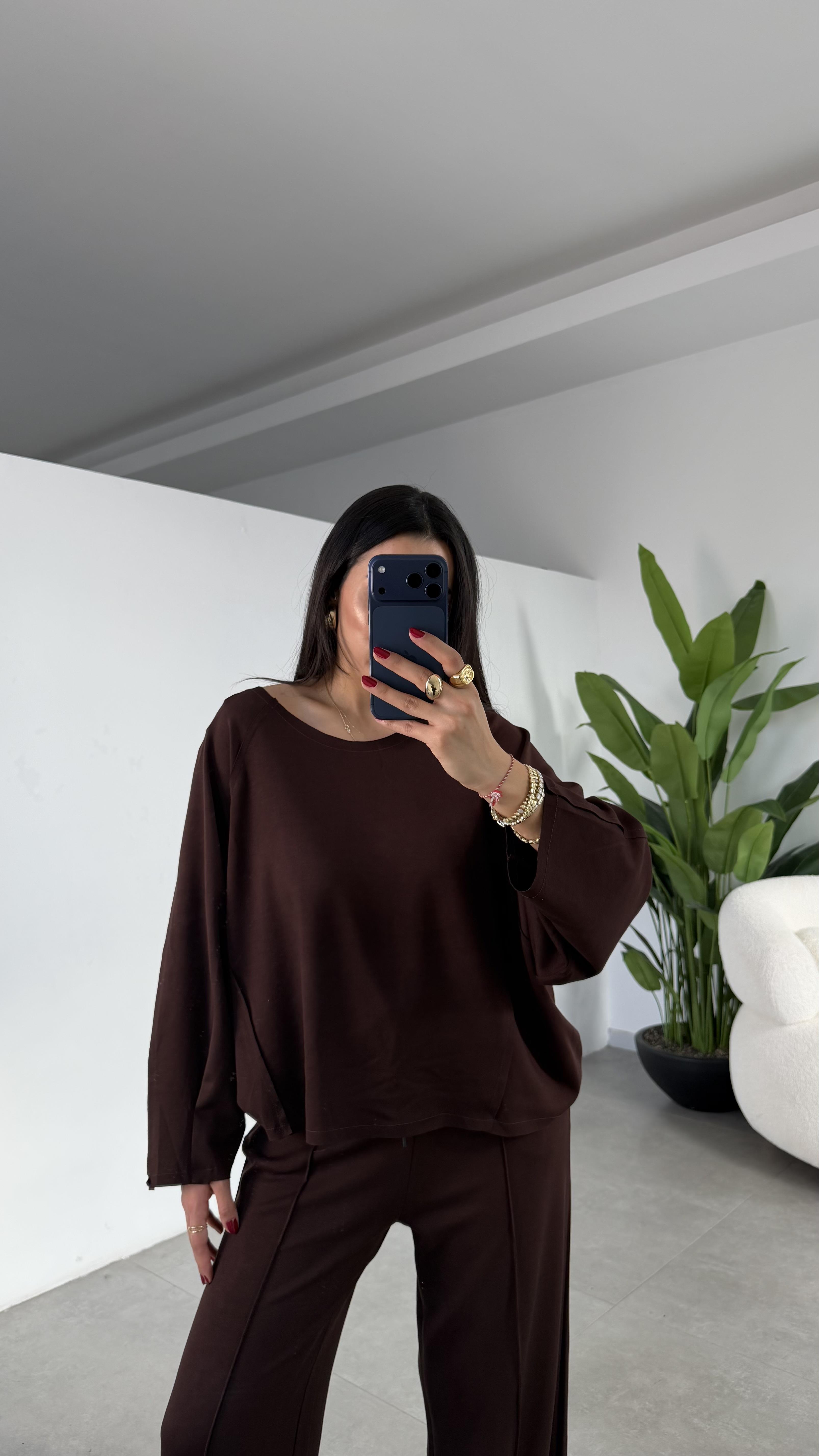Kahve Modal Geniş Yaka Bluz Pantolon Takım