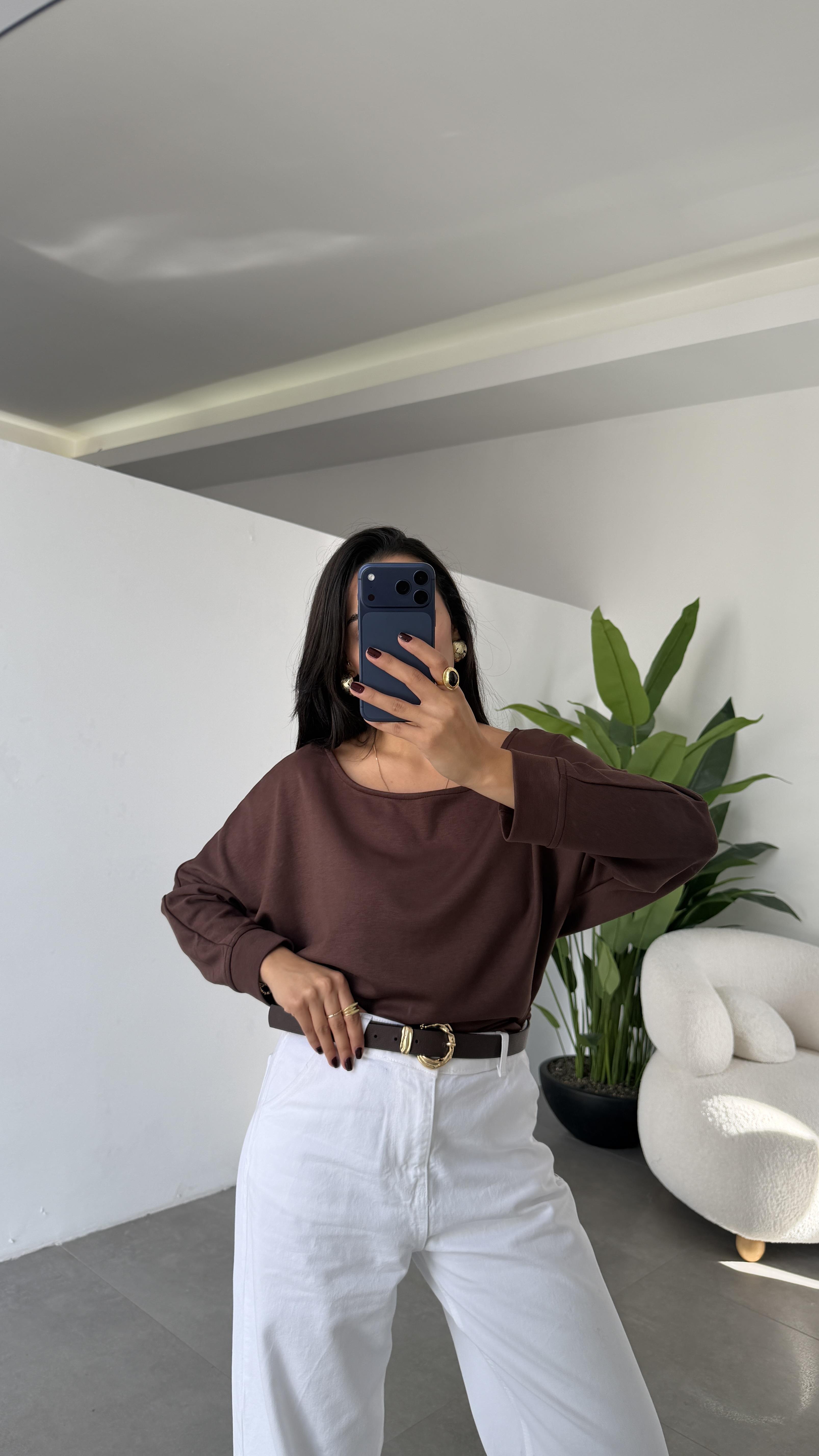 Kahve Modal Kayık Yaka Bluz