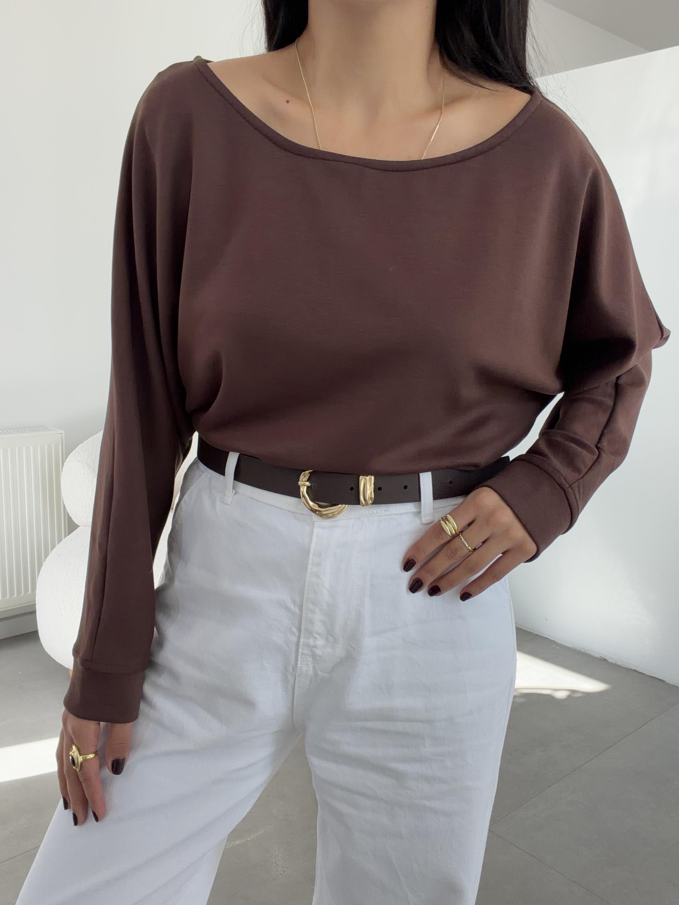 Kahve Modal Kayık Yaka Bluz