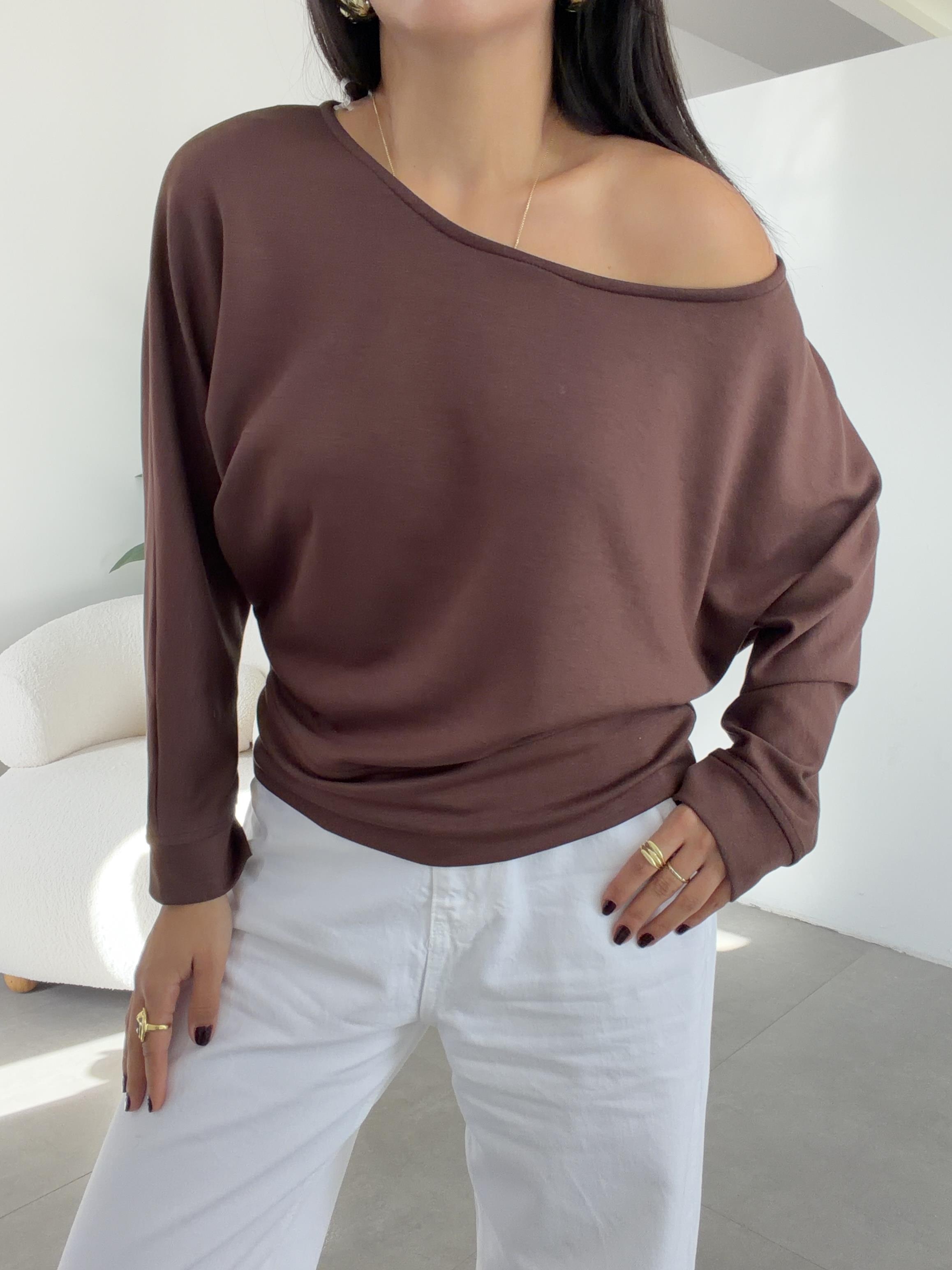 Kahve Modal Kayık Yaka Bluz