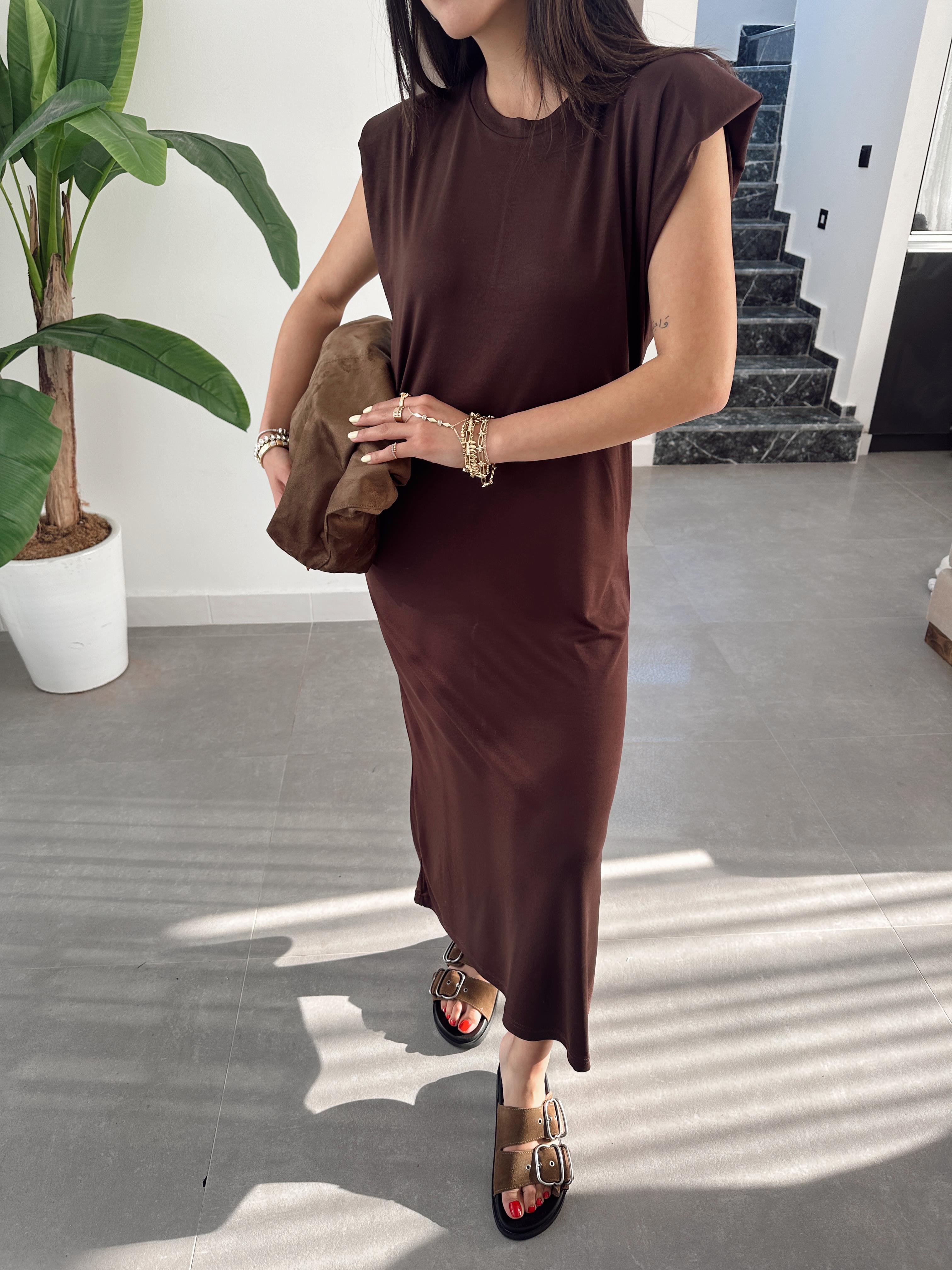 Kahve Modal Kumaş Bisiklet Yaka Vatkalı Elbise