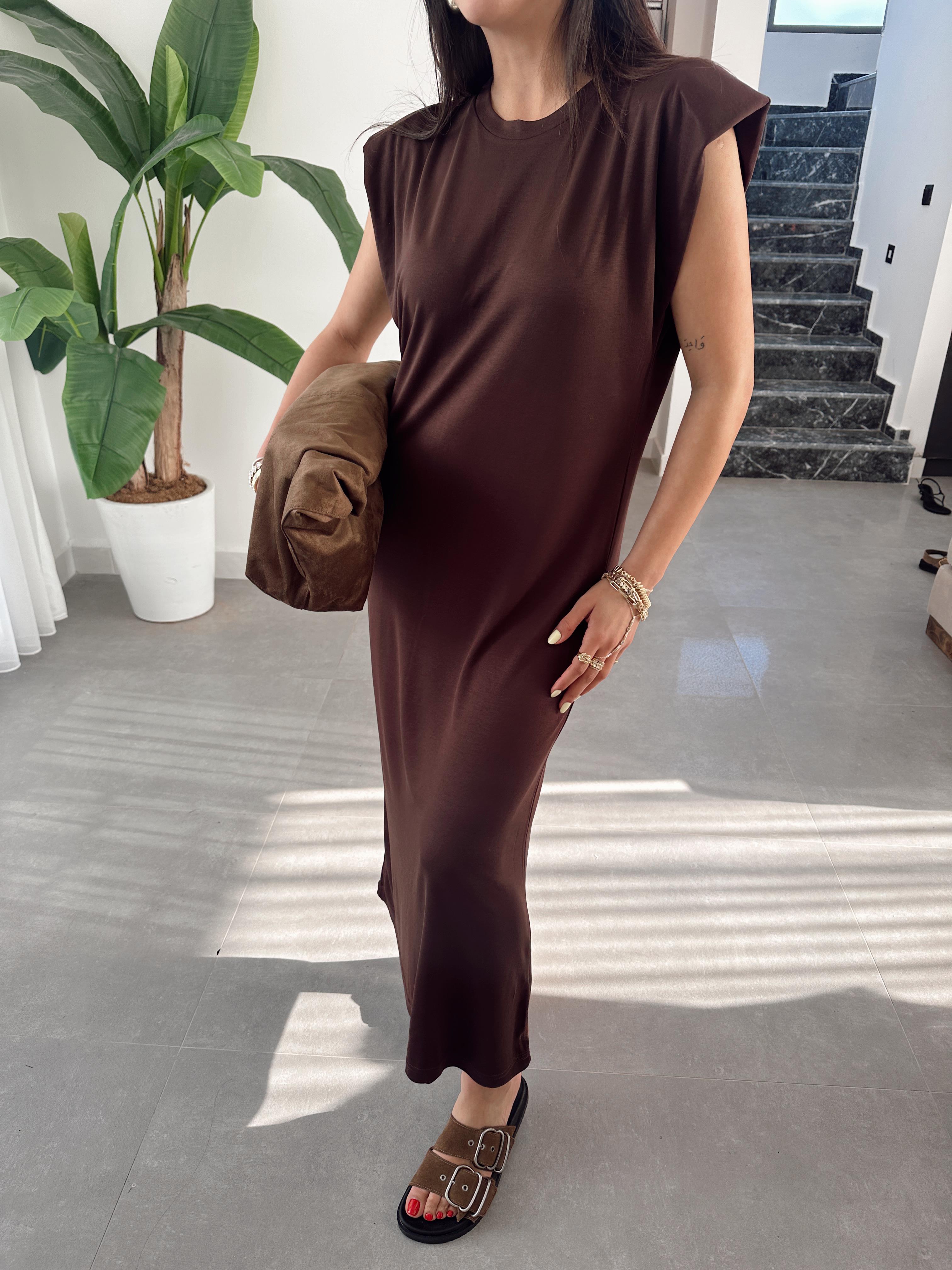 Kahve Modal Kumaş Bisiklet Yaka Vatkalı Elbise