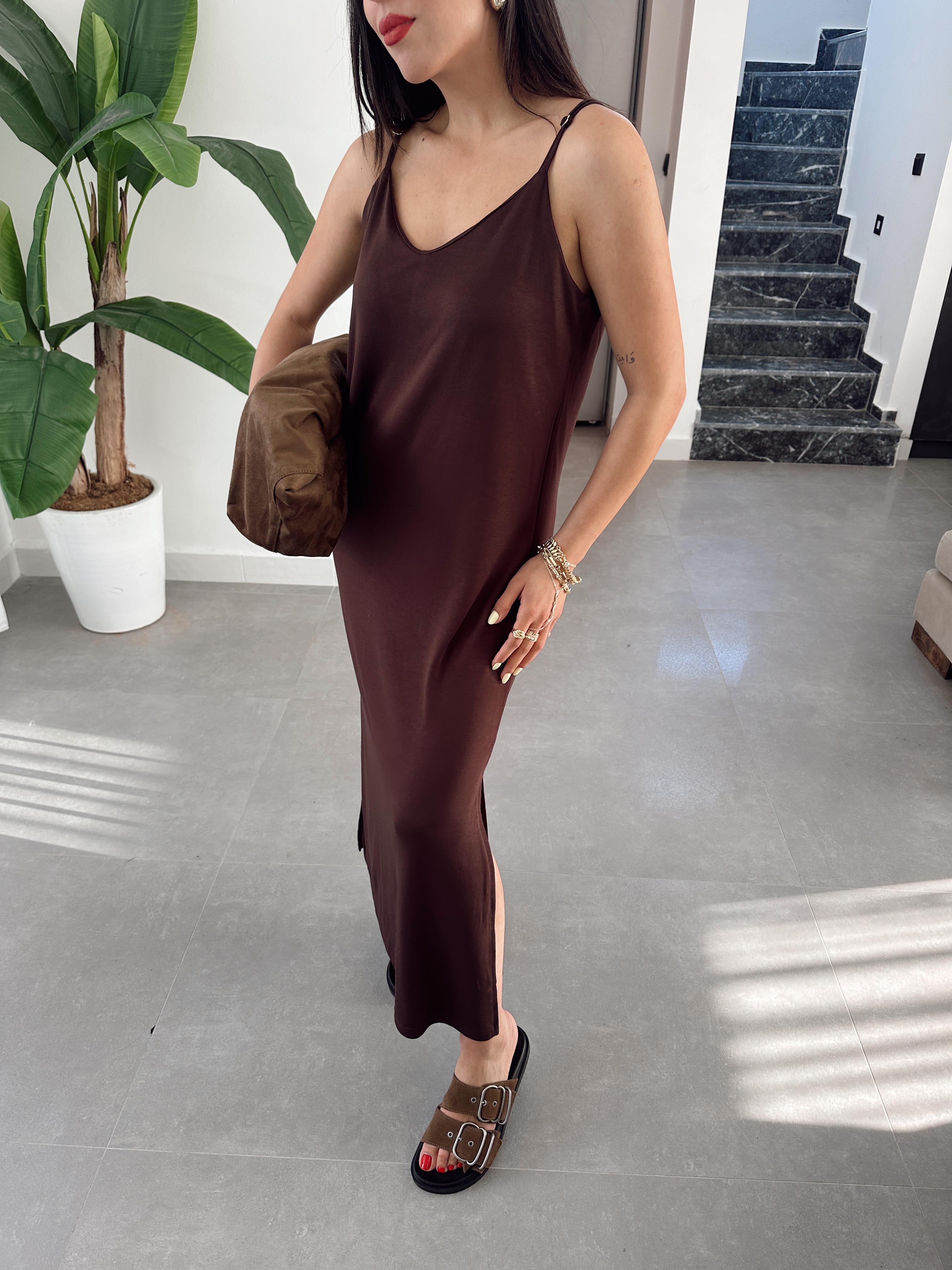 Kahve Modal Kumaş Lastik Askılı Elbise