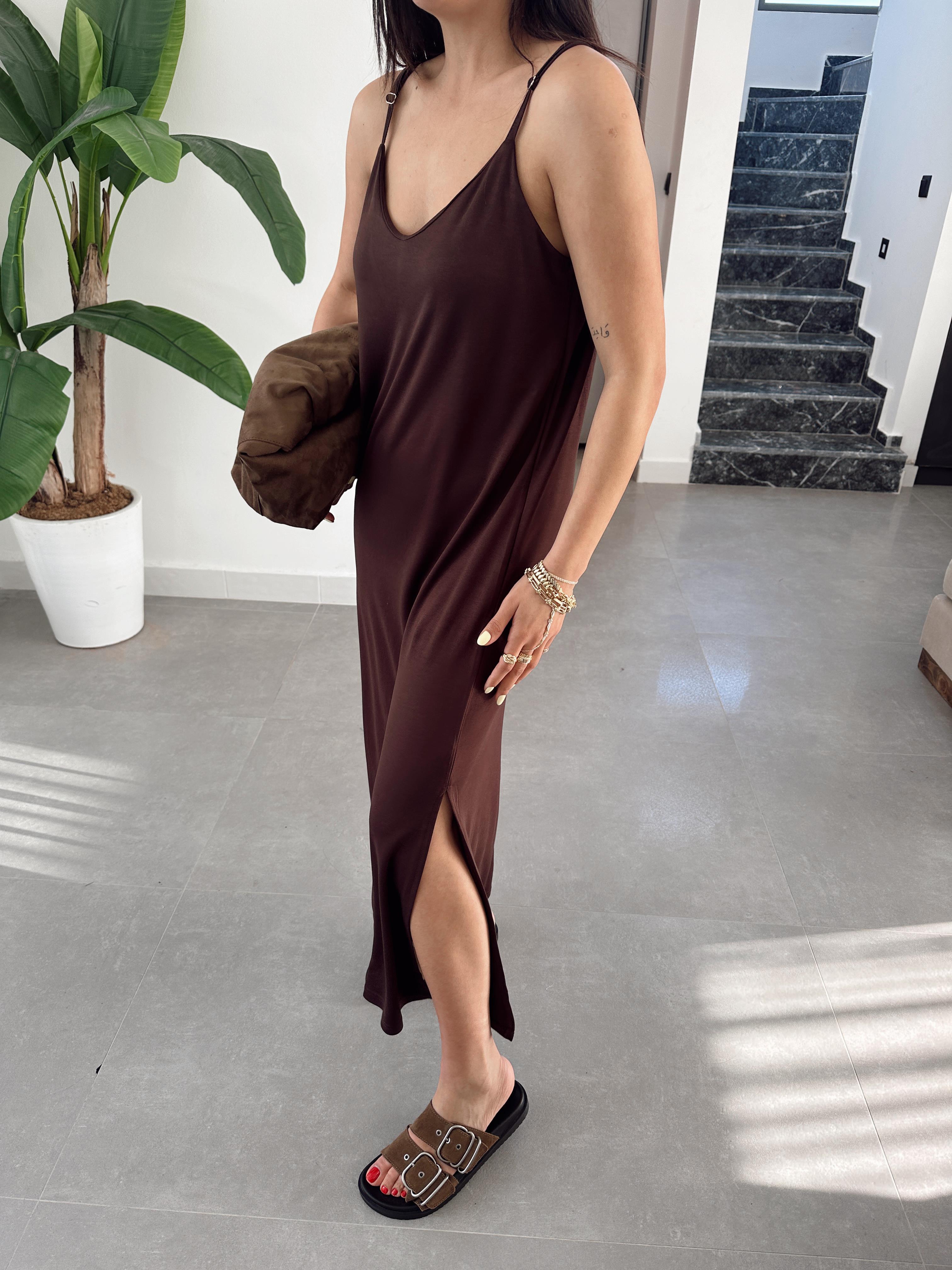 Kahve Modal Kumaş Lastik Askılı Elbise