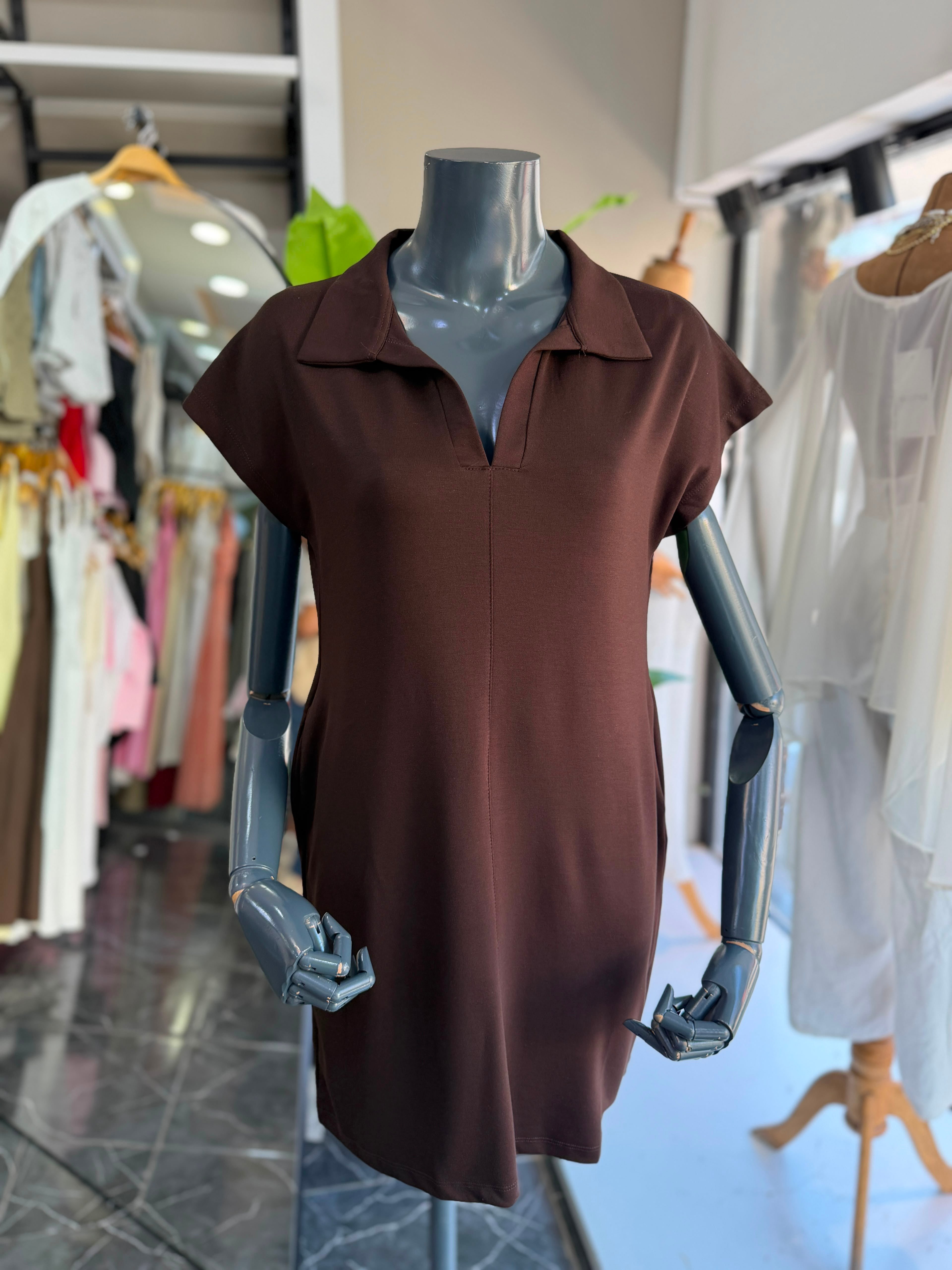 Kahve Modal Polo Yaka Çimalı Elbise