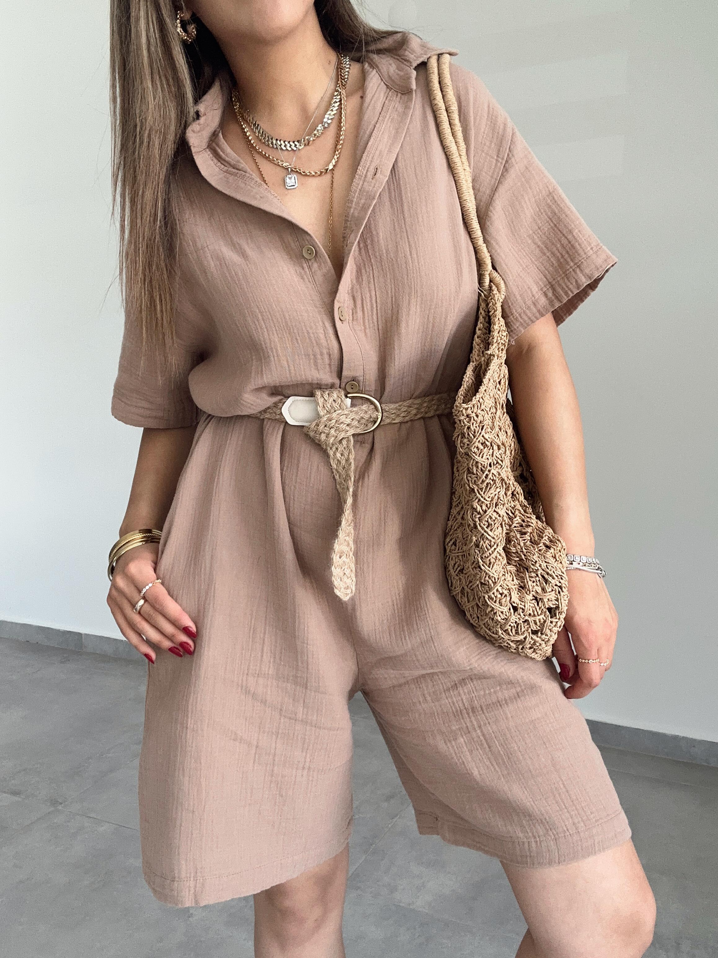 Kahve Müslin Yakalı Tulum