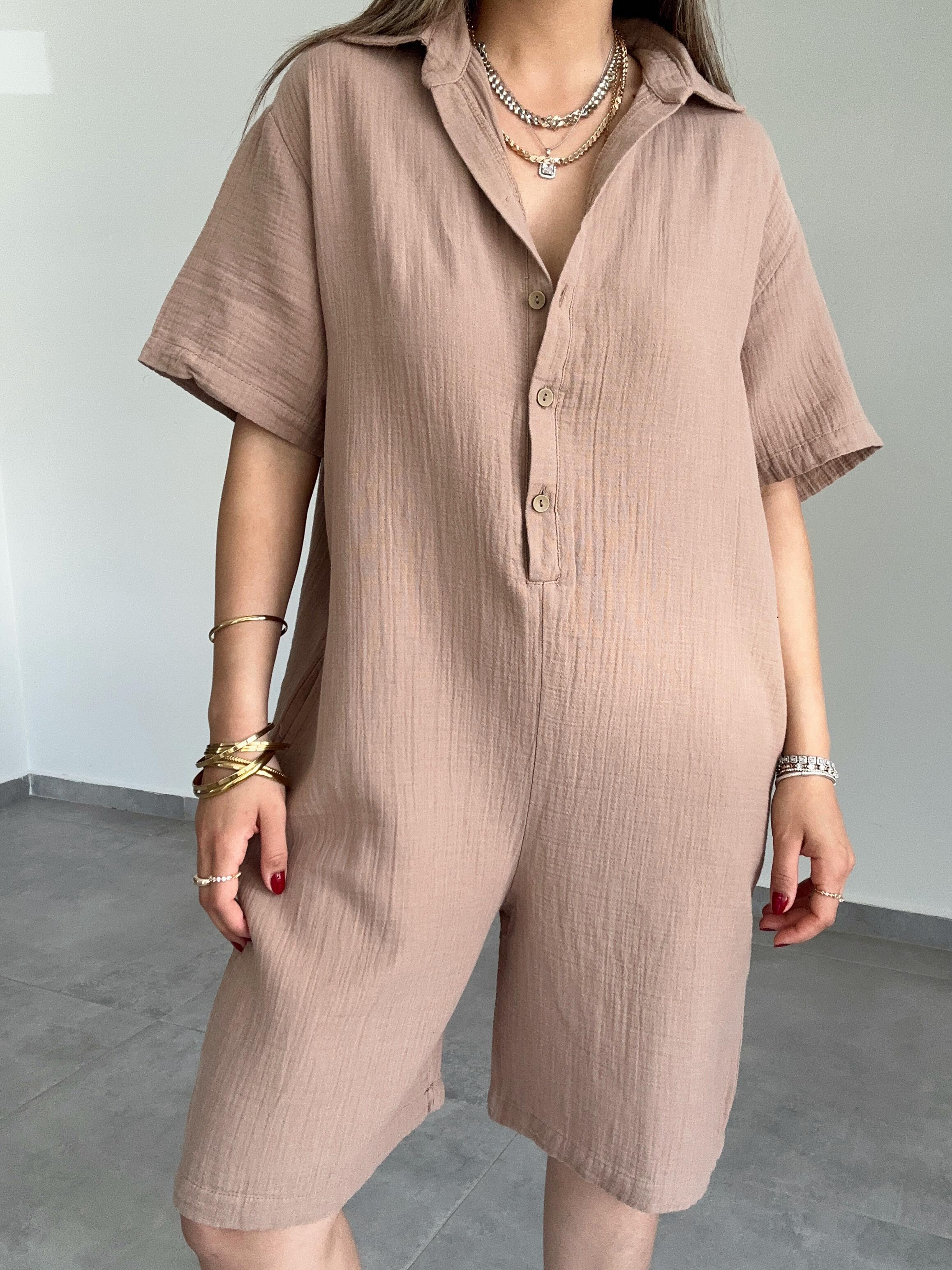 Kahve Müslin Yakalı Tulum