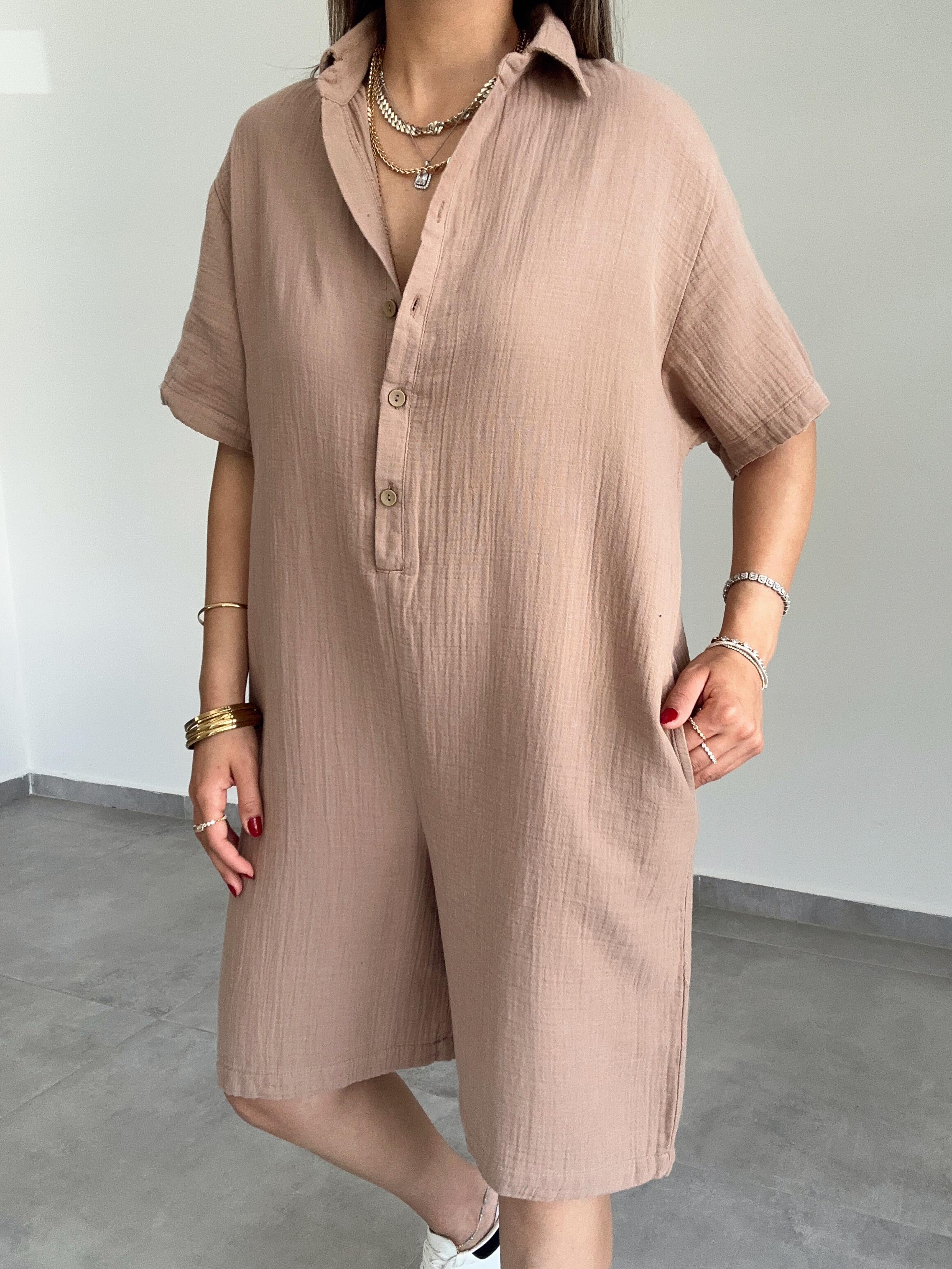 Kahve Müslin Yakalı Tulum