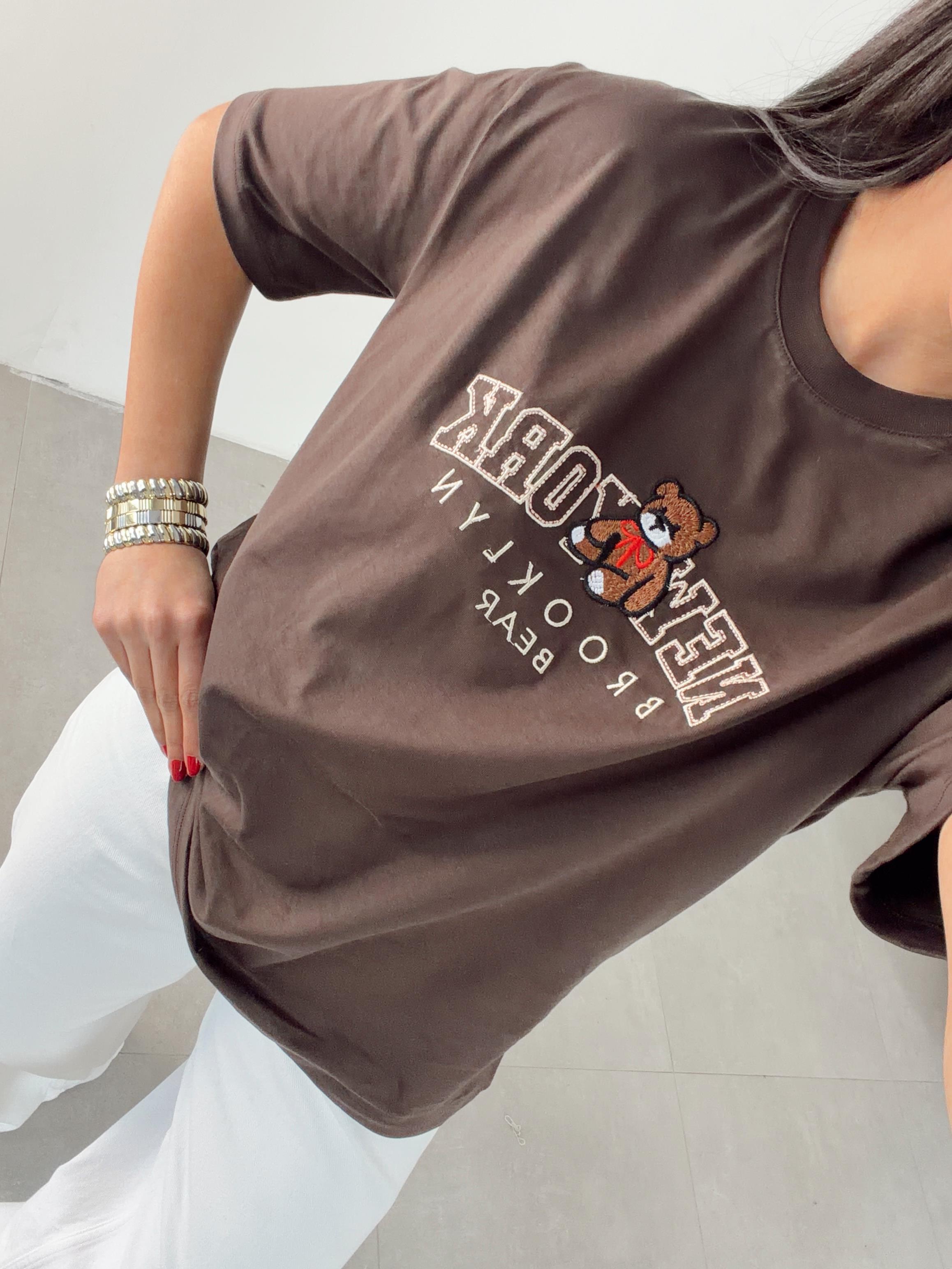 Kahve Ny Teddy Nakışlı Bisiklet Yaka Tshirt