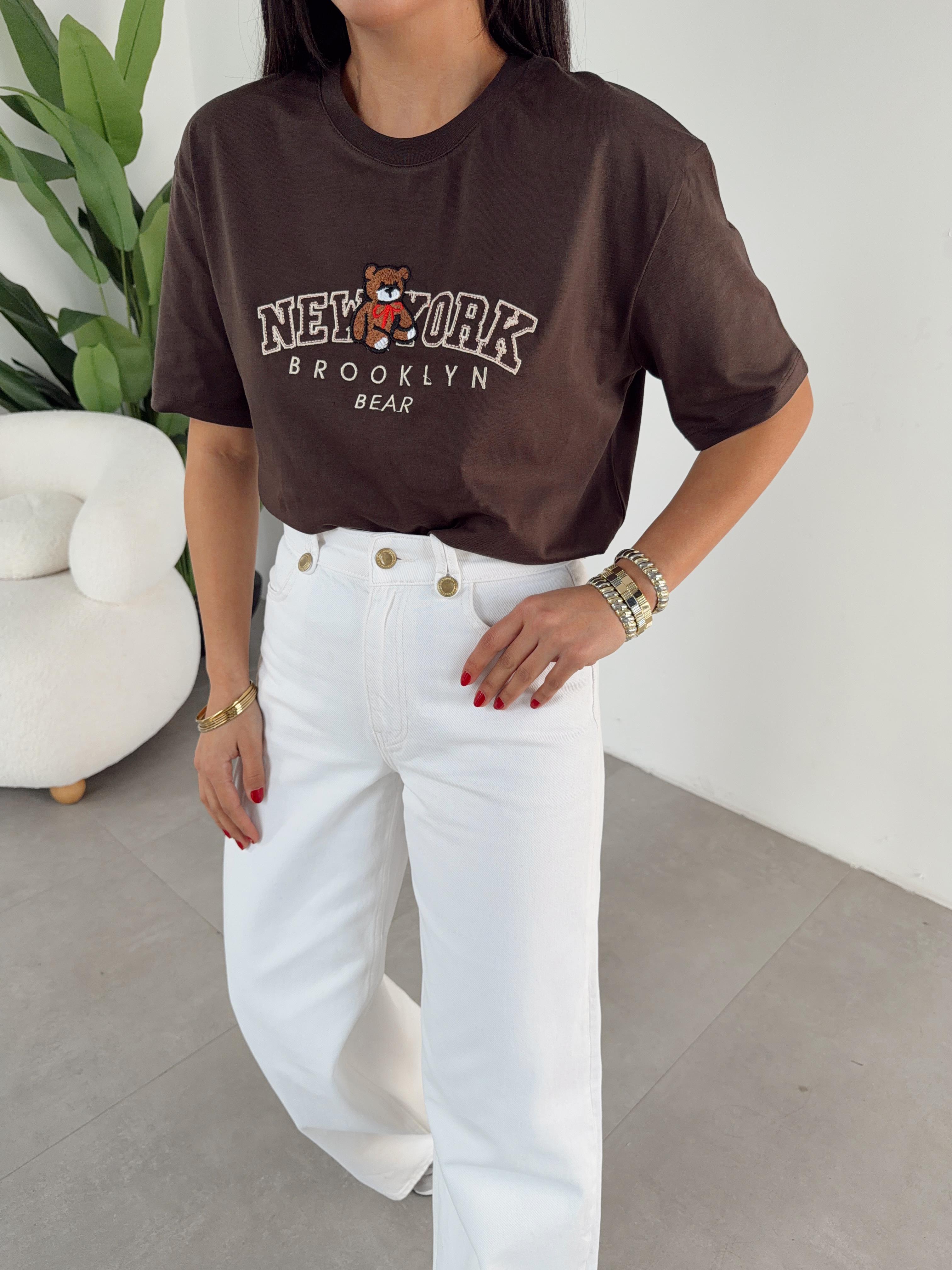 Kahve Ny Teddy Nakışlı Bisiklet Yaka Tshirt