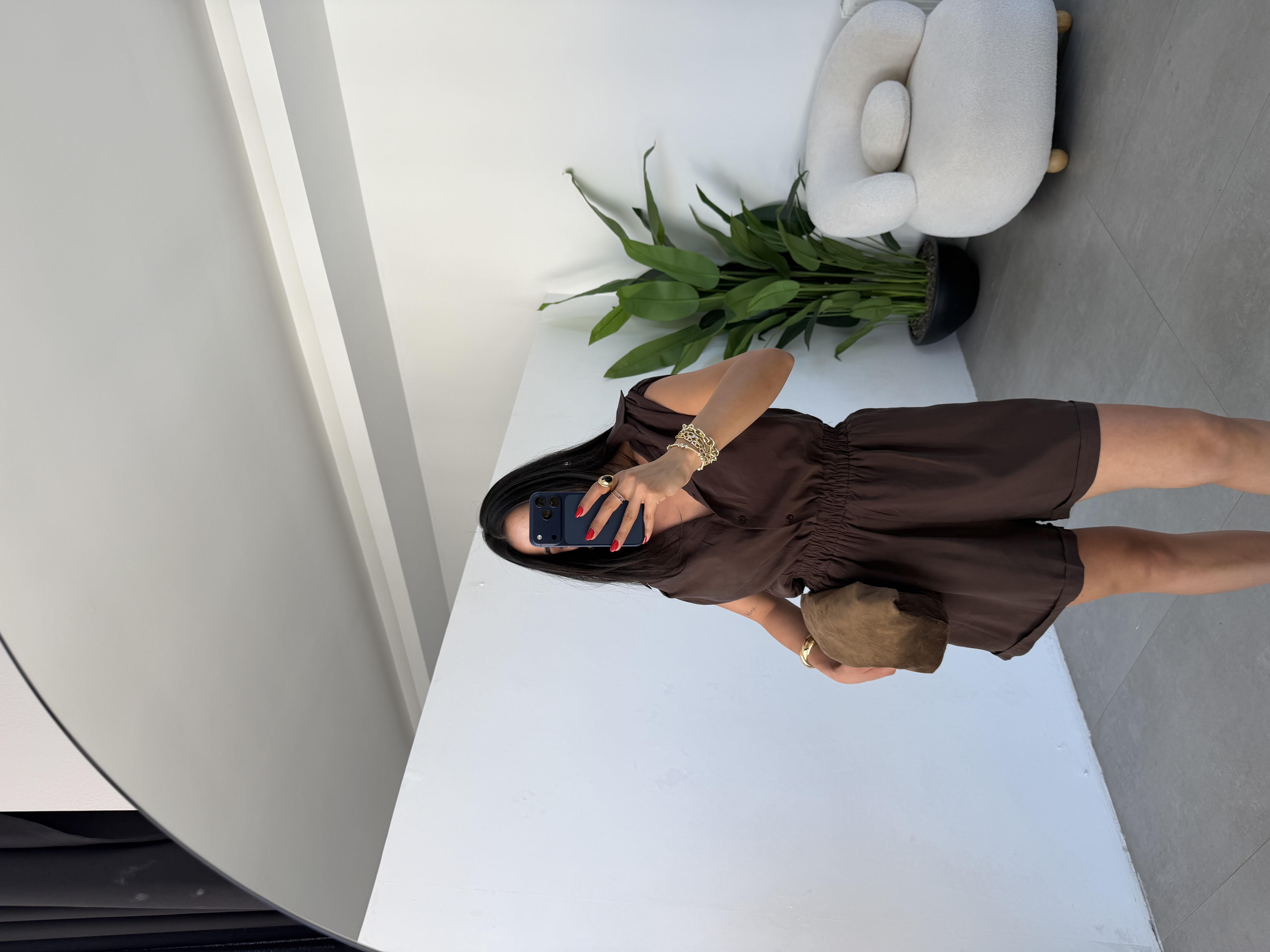 Kahve Omzu Büzgülü Kolsuz Şort Tulum