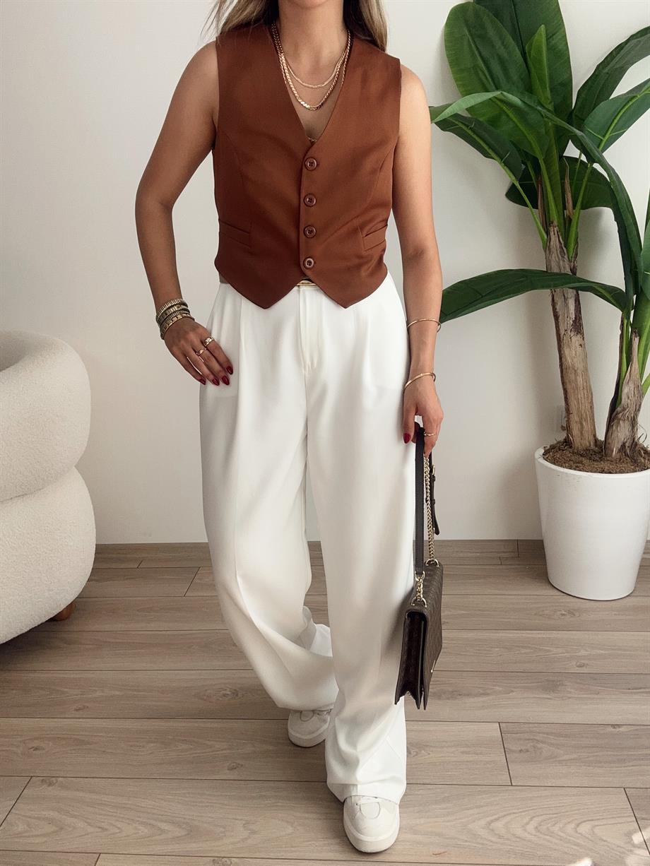 Kahve Önü Düğmeli Kısa Yelek